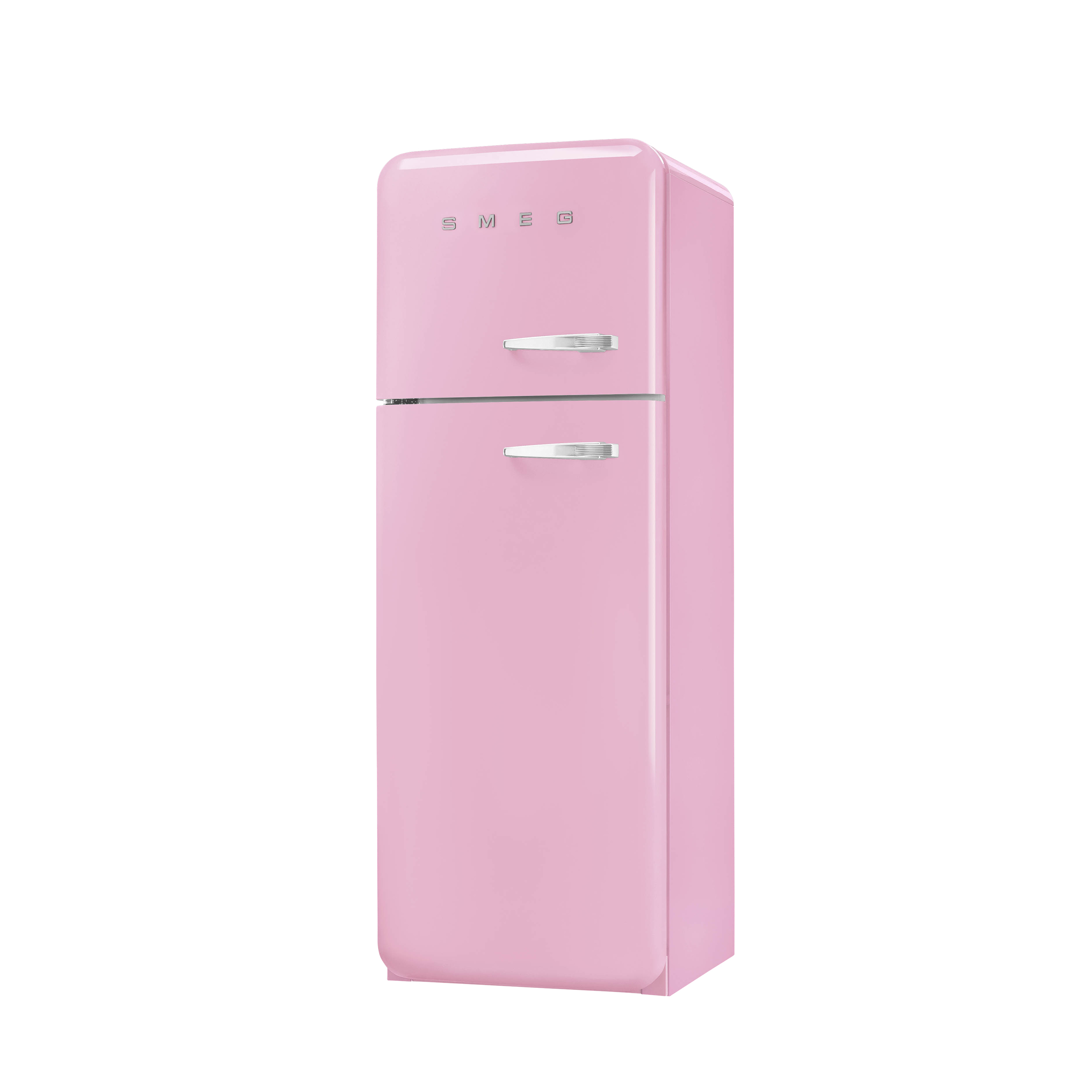 Refrigerador rosa retro sobre un fondo blanco, con el logo SMEG en la parte superior.