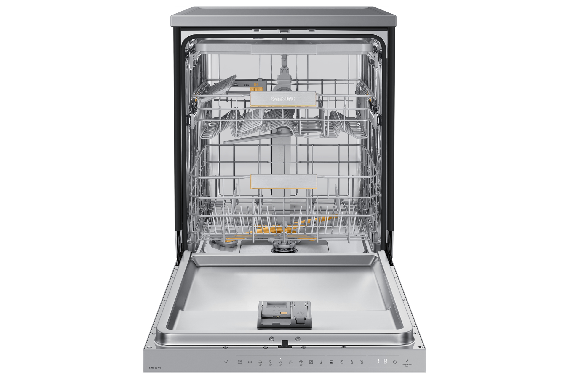 Zmywarka z otwartymi drzwiami, pokazująca wewnętrzne kosze i tace.