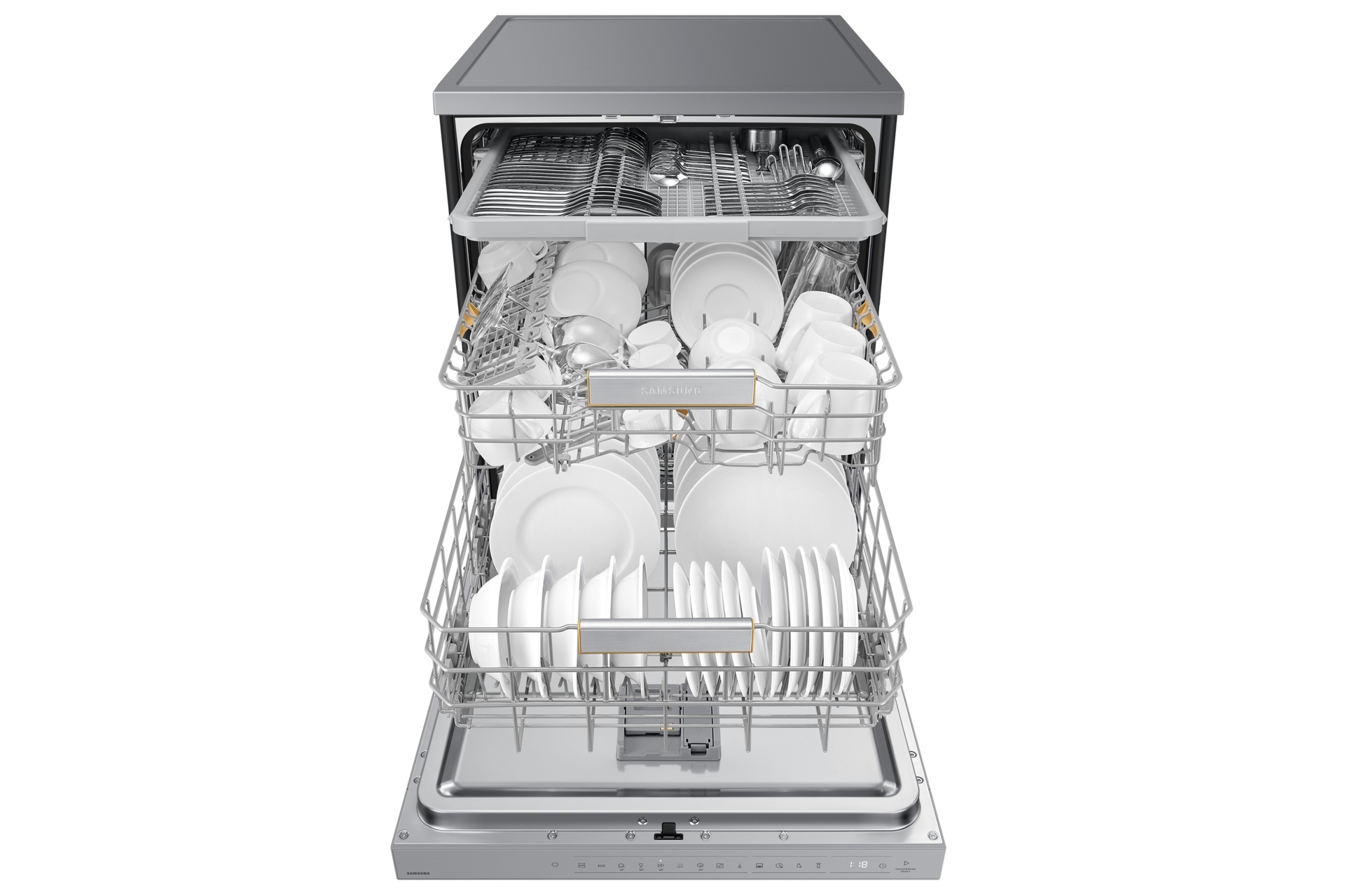 Zmywarka z pełnym załadunkiem białych naczyń i sztućców.