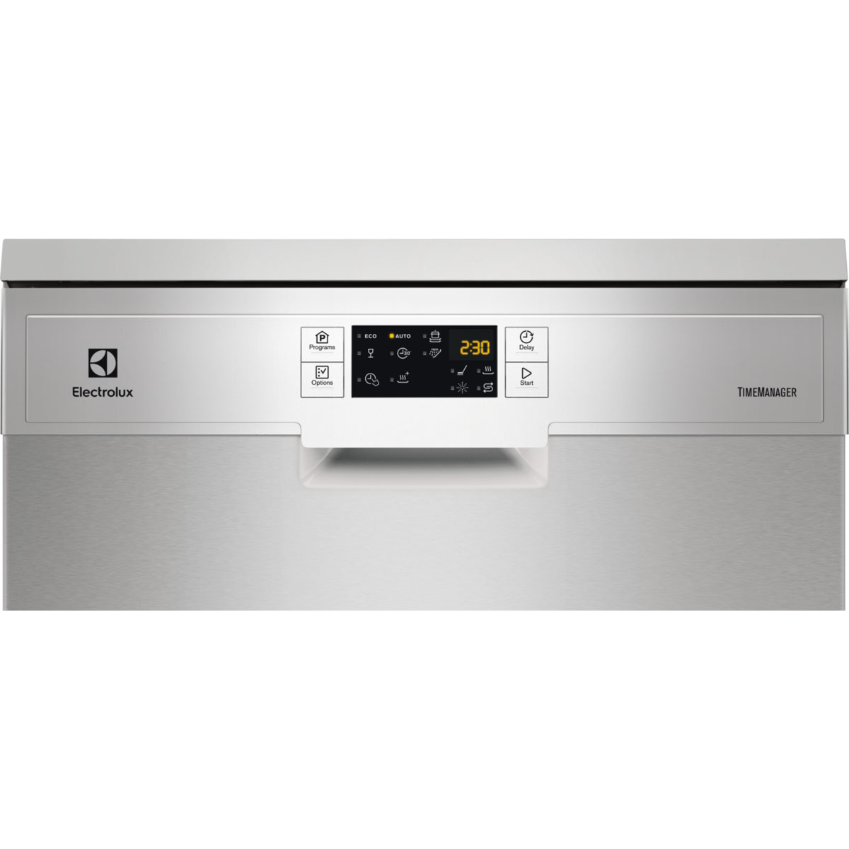 Un primo piano del pannello di controllo di una lavastoviglie Electrolux, con pulsanti per diverse impostazioni.