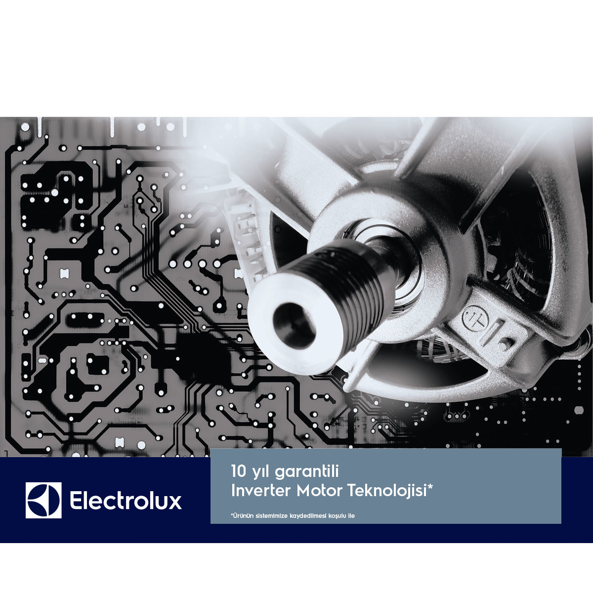 Grafica Electrolux Inverter Motor Technology. Motore argentato su sfondo di circuito stampato.