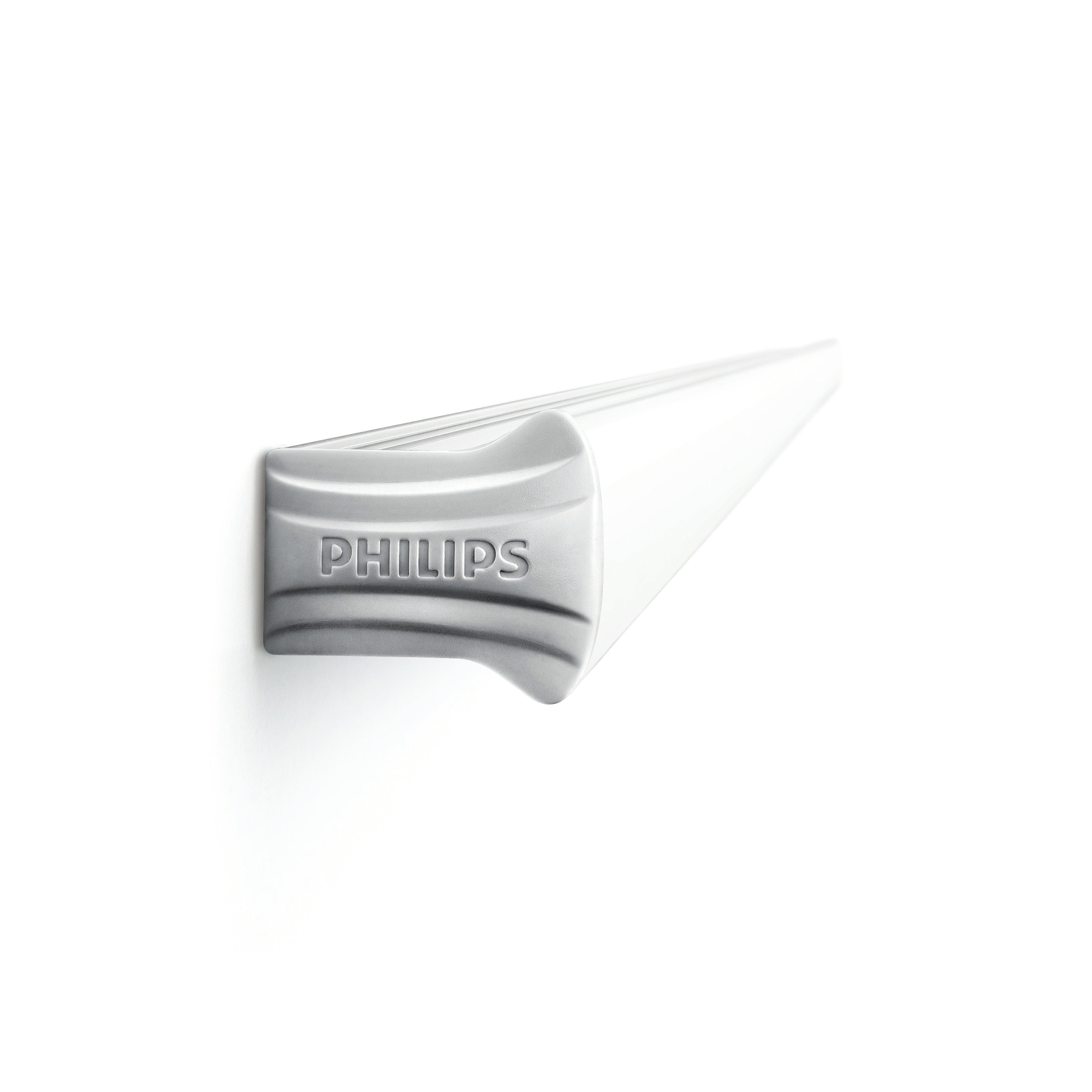 Luminaria Philips blanca y plateada, fondo blanco.