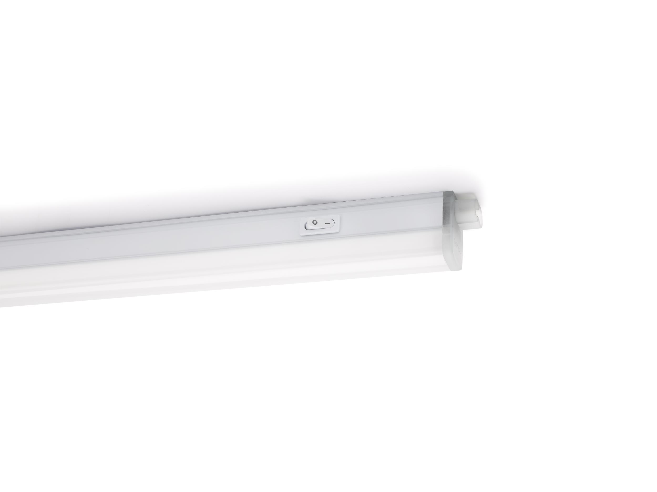 Eine weiße LED-Leuchte mit Schalter an der Seite. Sie ist auf einer weißen Oberfläche montiert.
