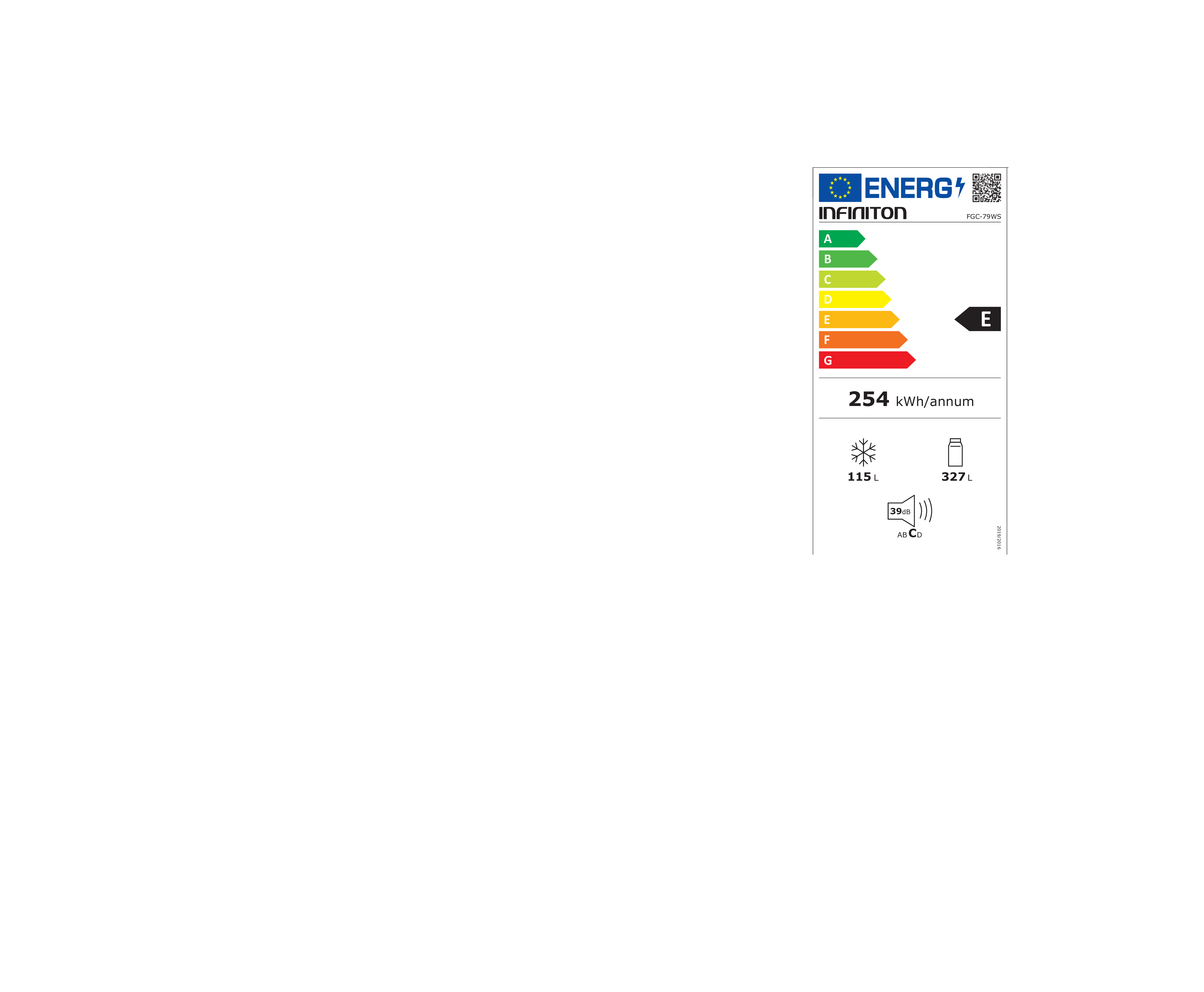 Una etiqueta energética para un frigorífico que muestra la clase de eficiencia E y el consumo anual.