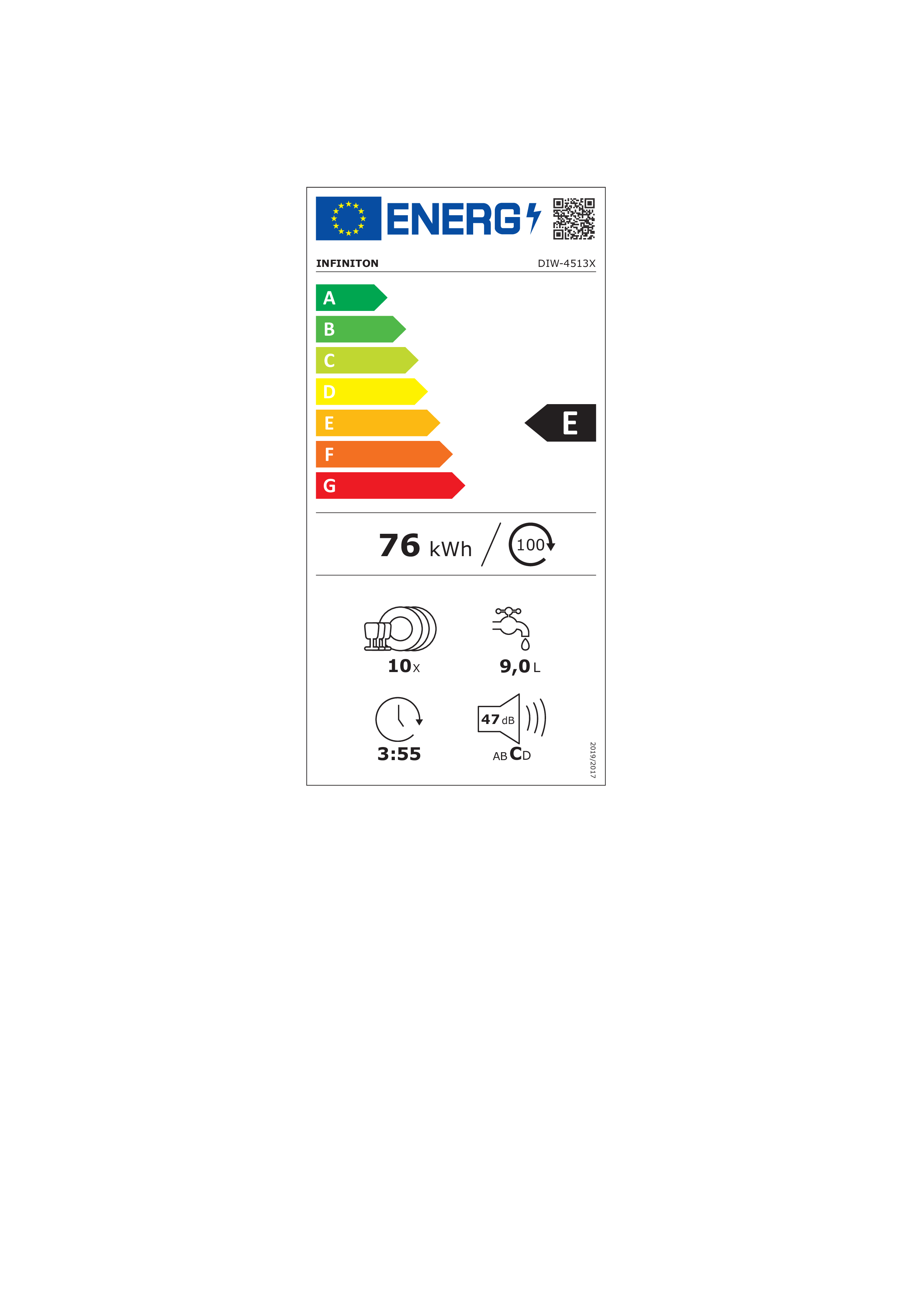 Una etiqueta energética que muestra una clasificación E, con iconos para 10 cubiertos y uso de agua.