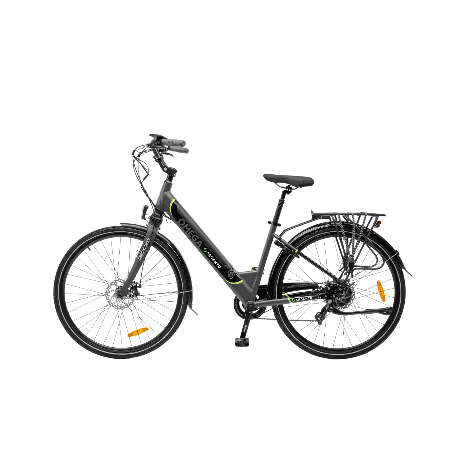 Szary rower elektryczny na czarnym tle. Marka Omega, model Garsato.