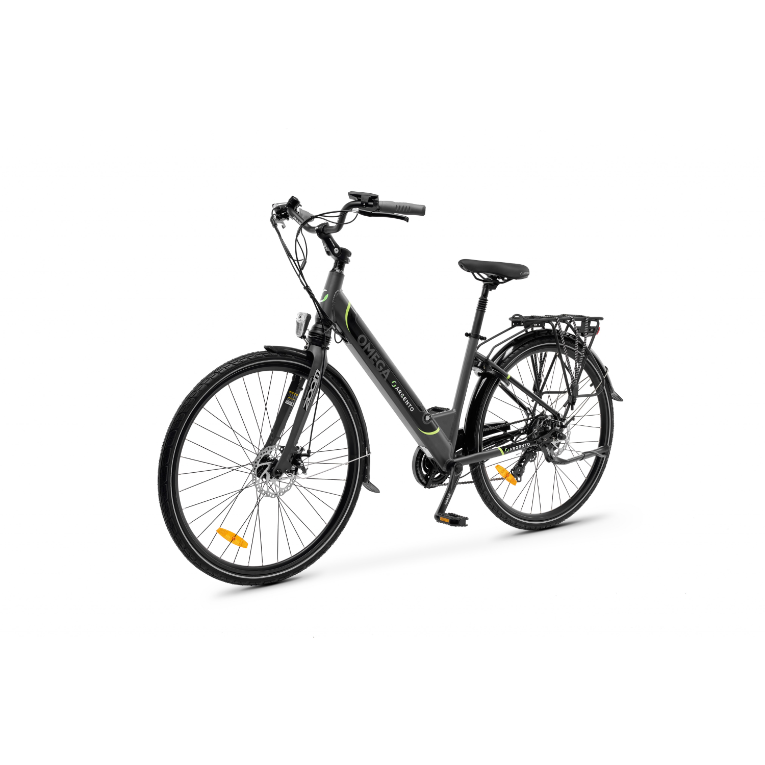 Czarno-szary rower elektryczny Omega Argento na białym tle.