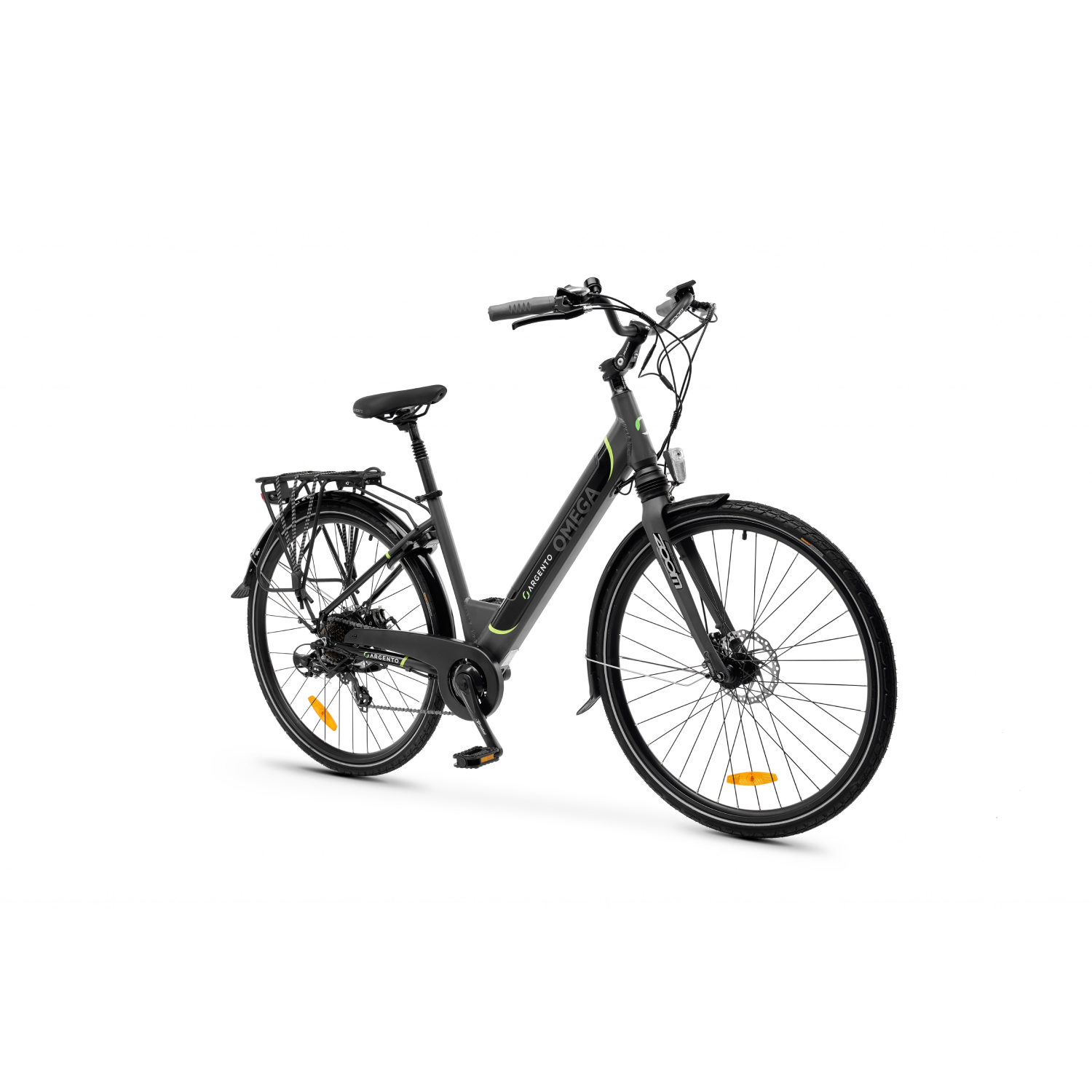 Szaro-czarny rower elektryczny na białym tle, widok z boku.