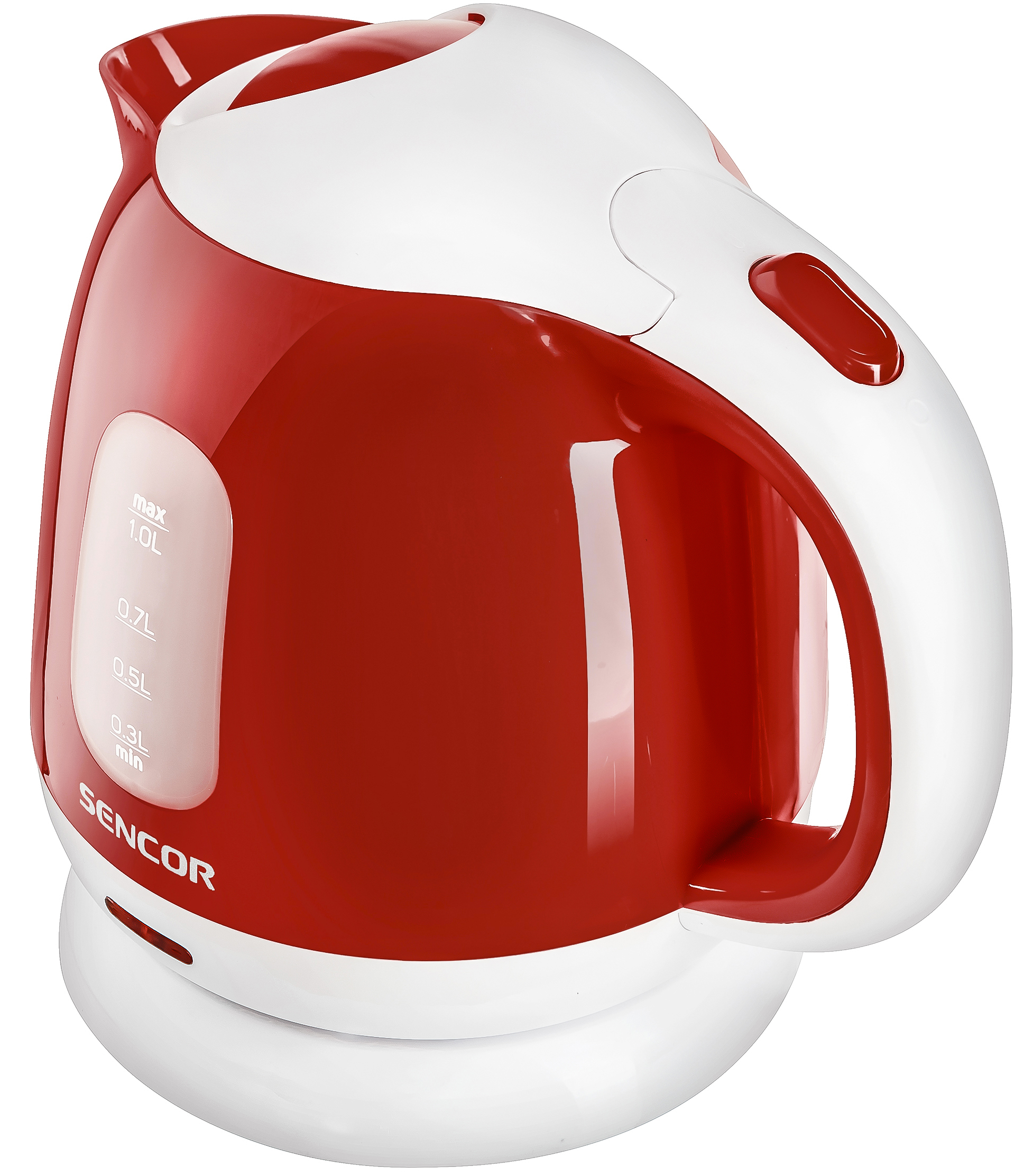 Czerwony i biały czajnik elektryczny. Widoczna jest marka SENCOR.