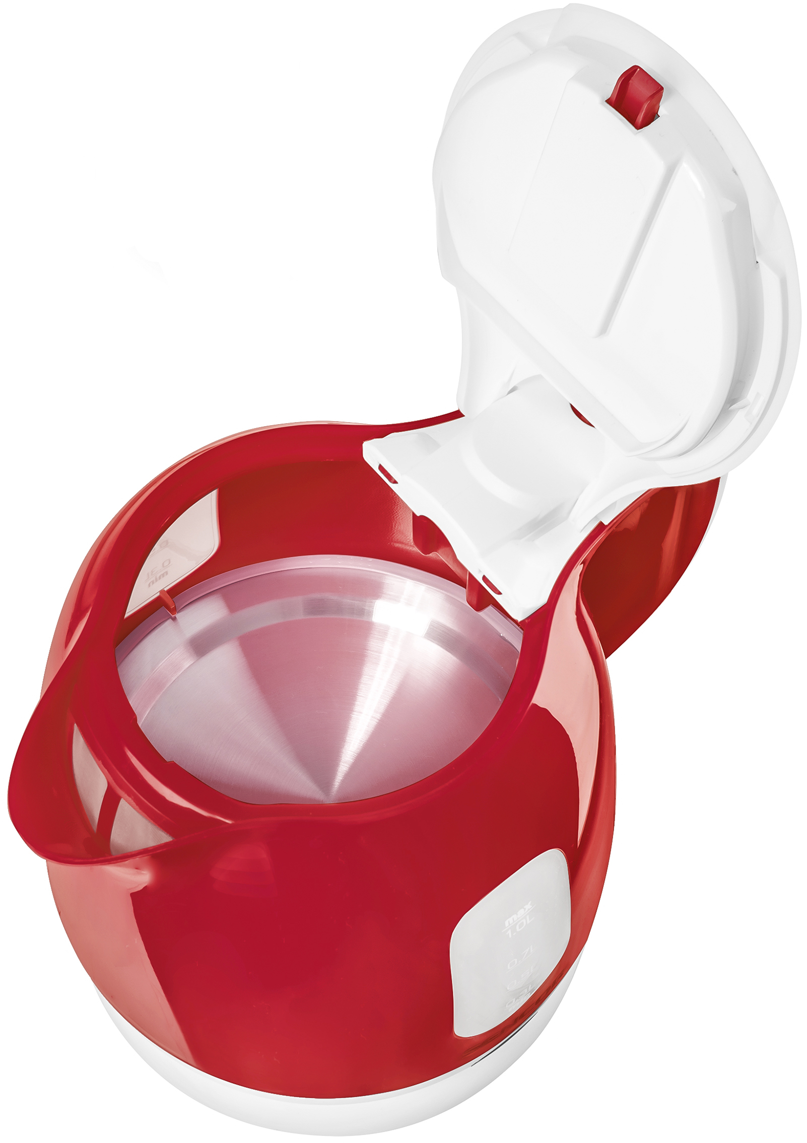 Czerwony i biały czajnik elektryczny, otwartą pokrywą, wnętrze.