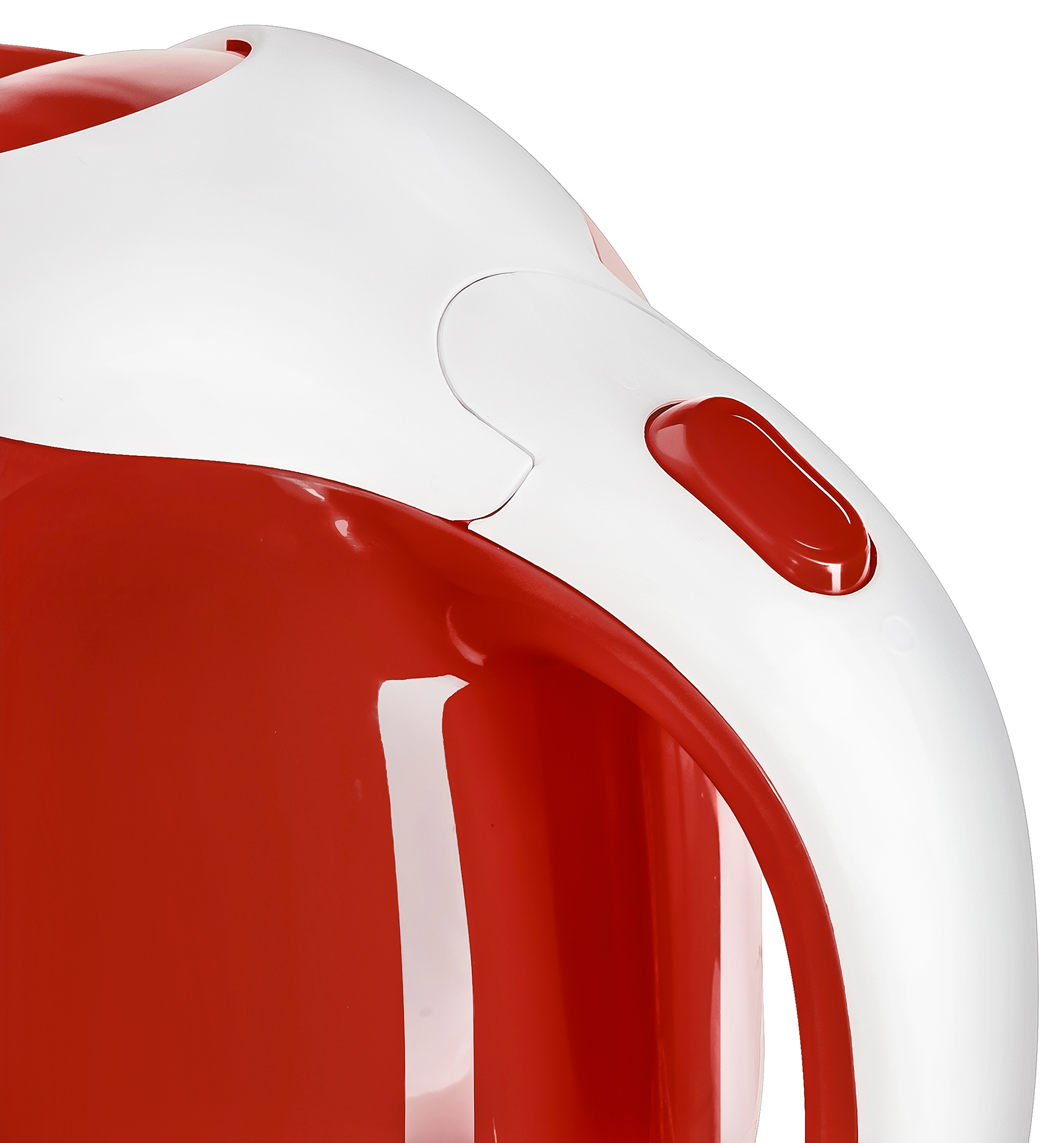 Czerwono-biały czajnik elektryczny z uchwytem i czerwonym przyciskiem.