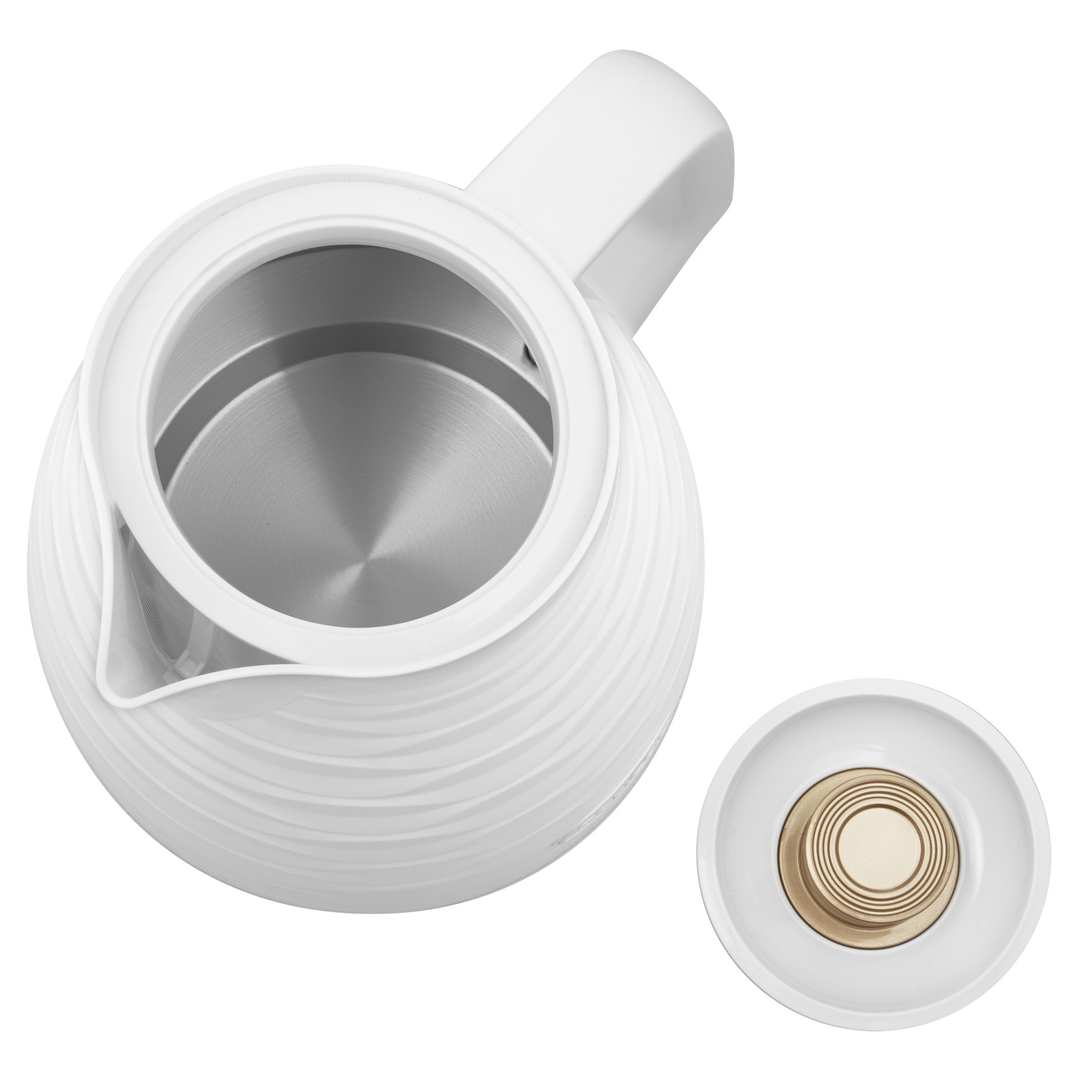 Bollitore elettrico bianco, vista dall'alto, coperchio rimosso, interno metallico visibile.