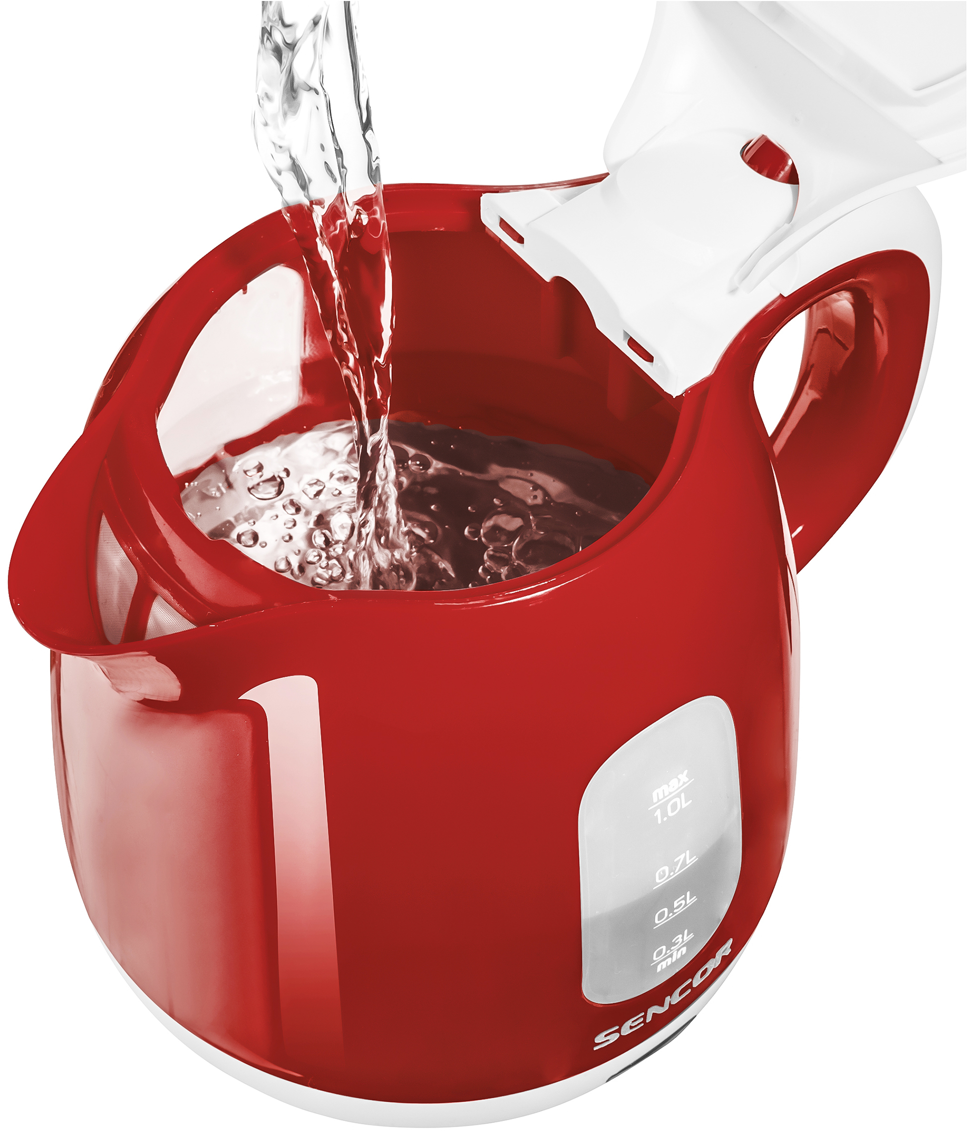 Czerwony i biały czajnik elektryczny, wlewana woda. Marka SENCOR.