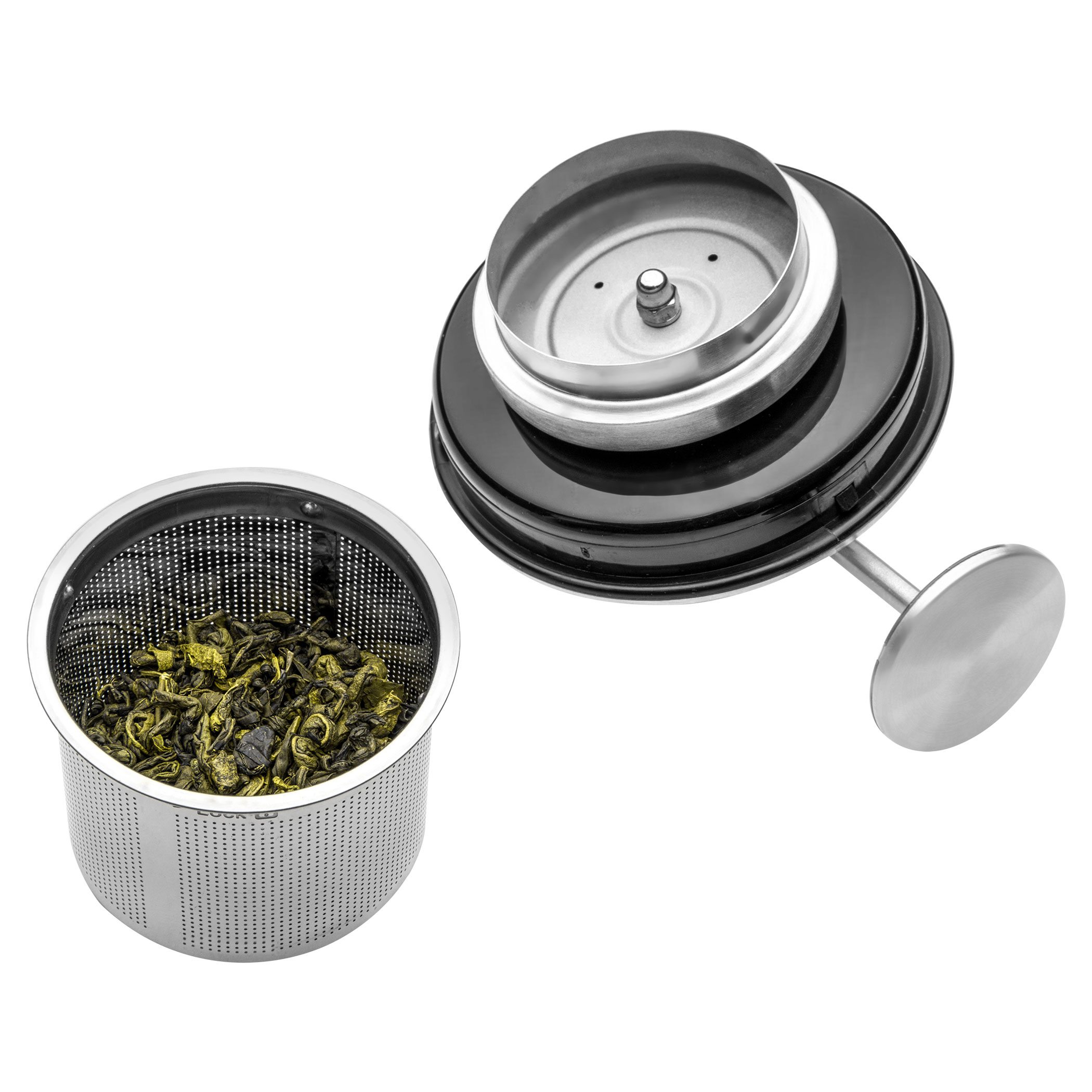 Infusore per tè con foglie sfuse e coperchio.