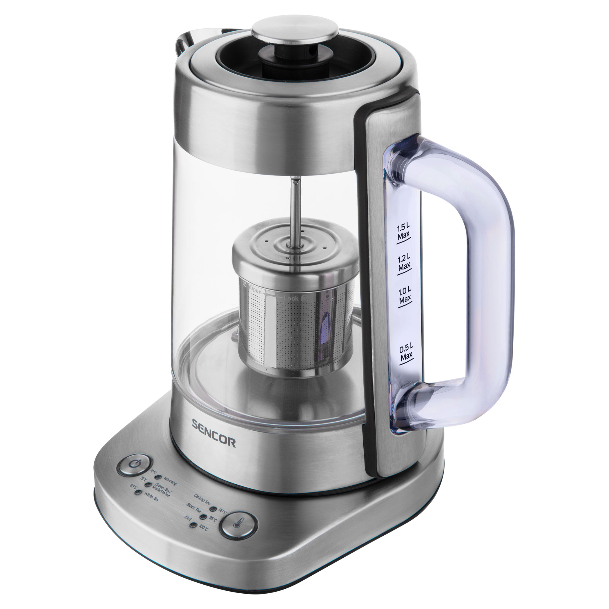 Una teiera elettrica in acciaio inossidabile con una caraffa in vetro e un infusore per tè all'interno.
