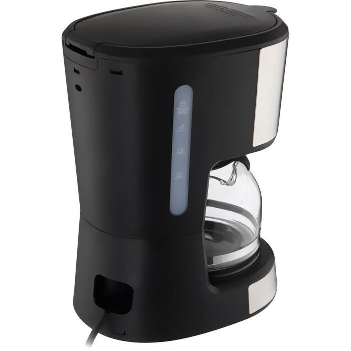 Una cafetera negra con una jarra de vidrio. Tiene una pantalla digital y un cable de alimentación.