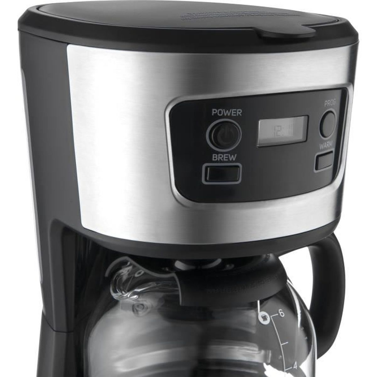 Primer plano de una cafetera negra y plateada con pantalla digital y botones.