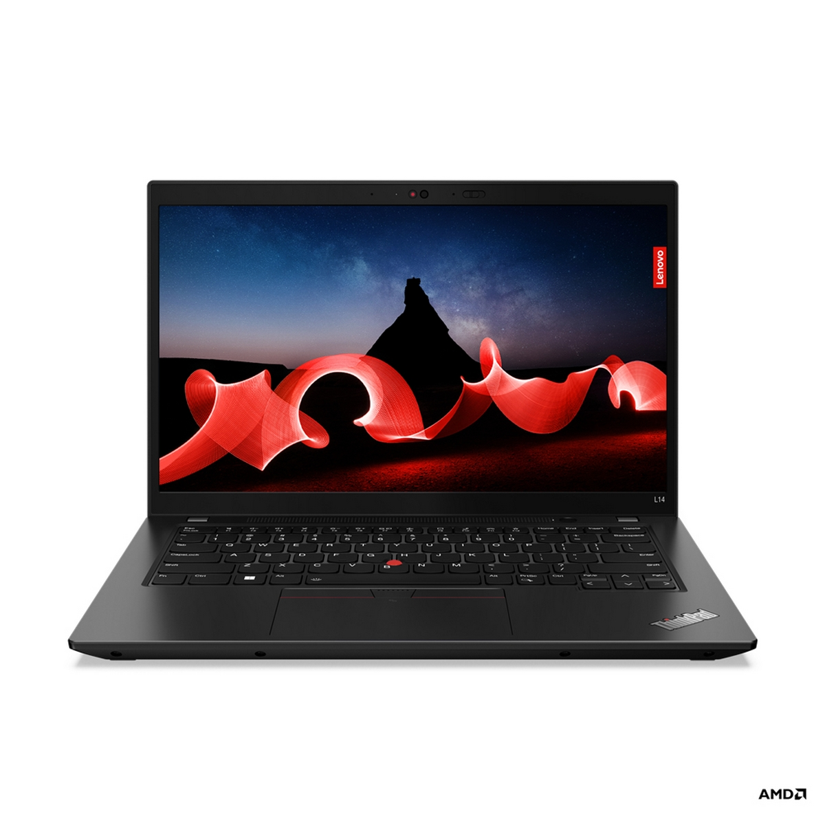 Laptop Lenovo nero aperto. Schermo mostra arte di luce rossa contro cielo stellato.