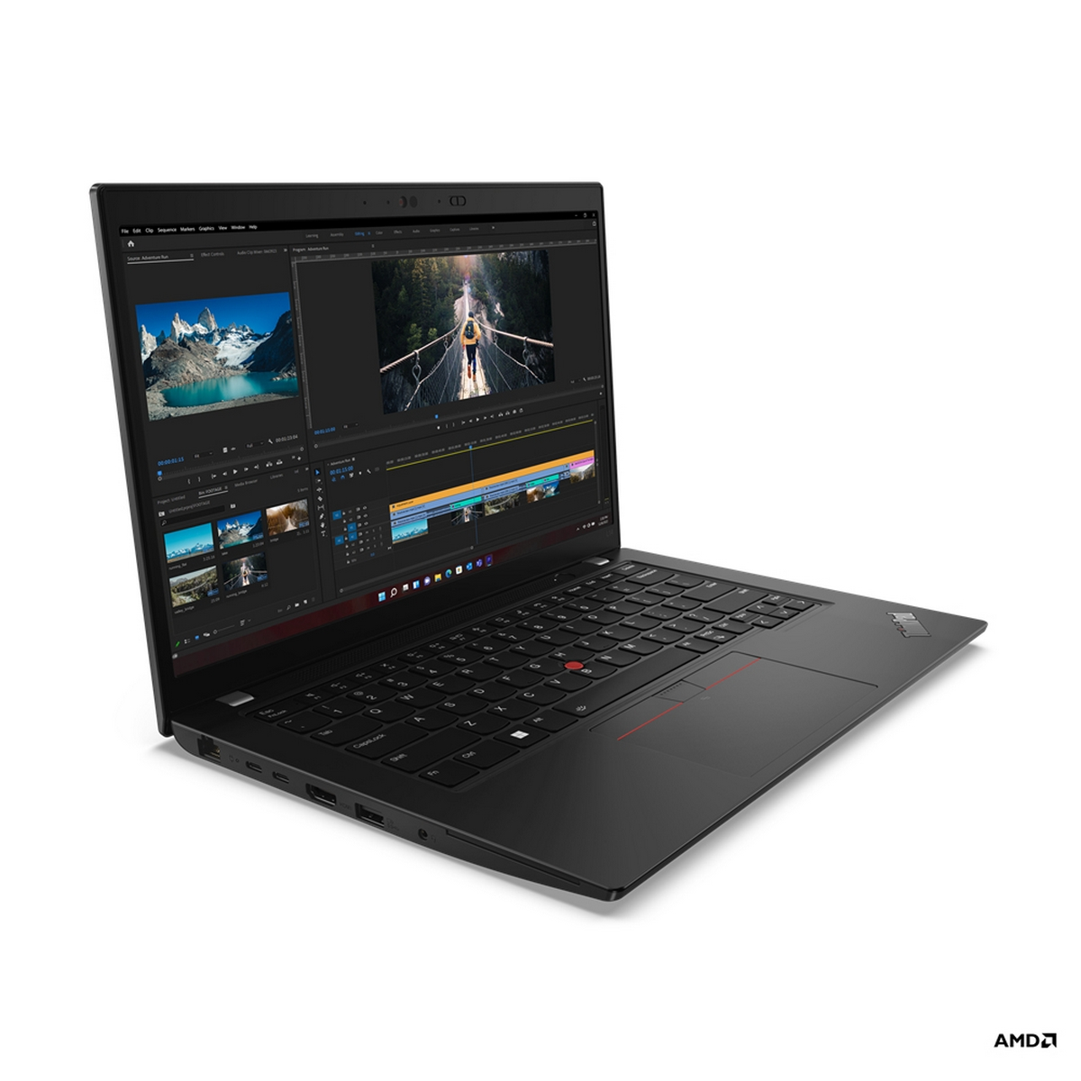 Un laptop nero che mostra un'interfaccia di editing video. Il laptop ha un trackpoint rosso.