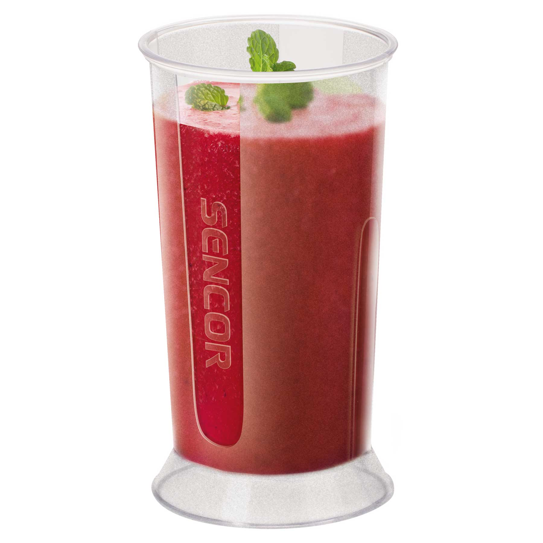 Un bicchiere alto di plastica trasparente pieno di un frullato rosso, guarnito con foglie di menta.