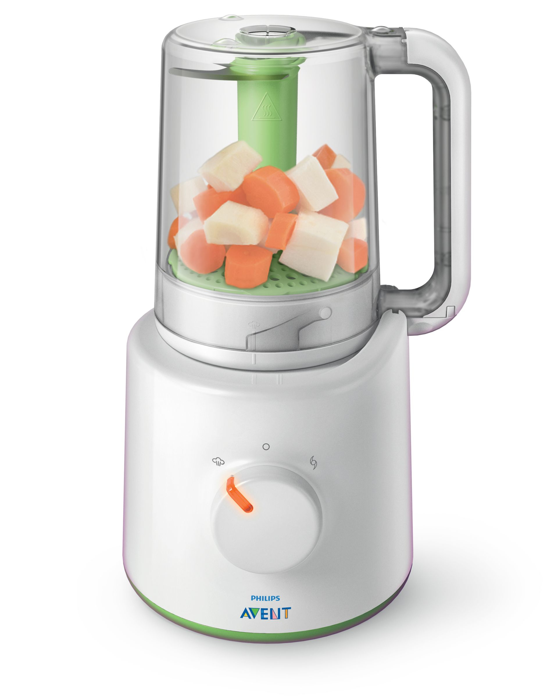 Robot culinaire pour bébé blanc et vert avec des légumes coupés en dés à l'intérieur, sur fond blanc.