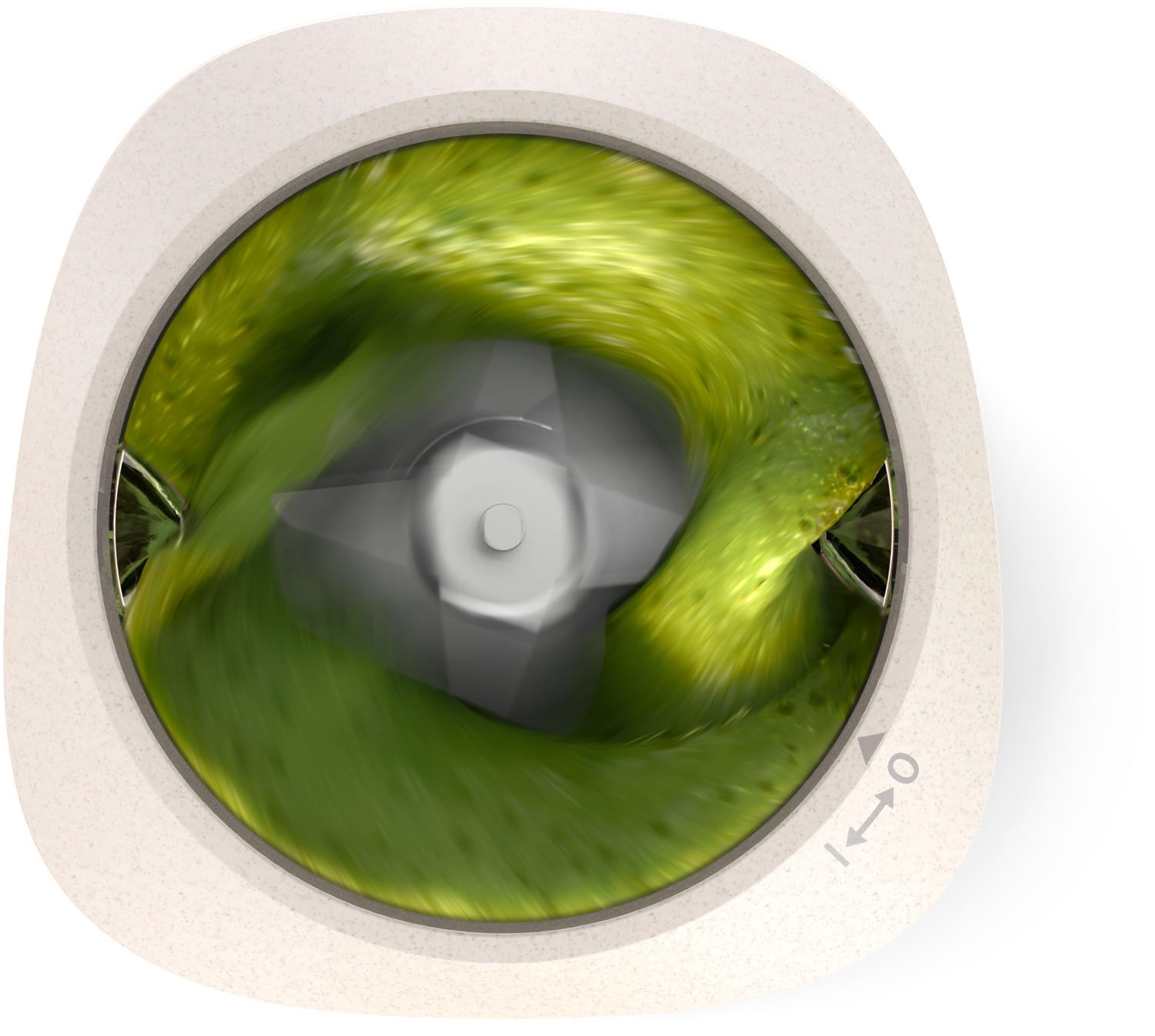 Draufsicht auf einen Mixer mit grünem Flüssigkeitswirbel, weißes Äußeres.