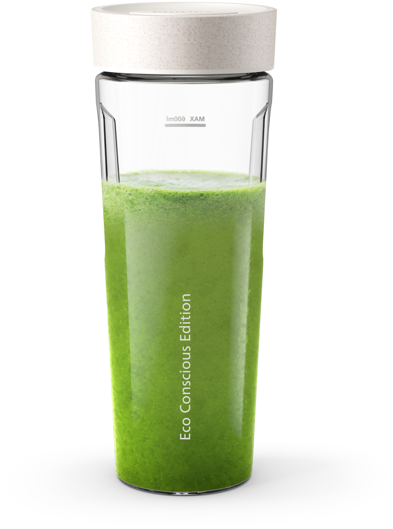 Ein klarer Becher mit grüner Flüssigkeit und einem weißen Deckel, beschriftet mit 'Eco Conscious Edition'.