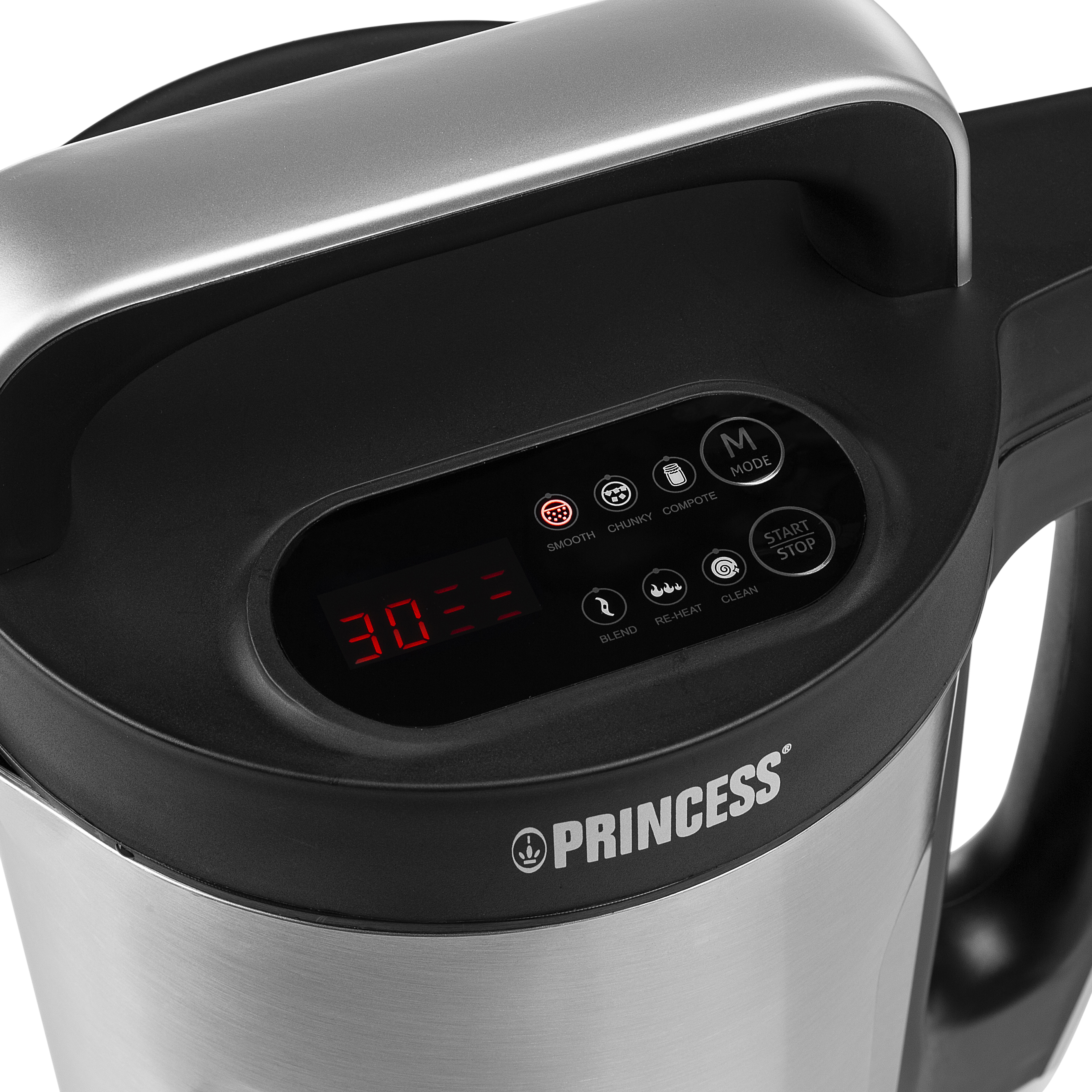 Un robot da cucina argento e nero con un display illuminato con pulsanti.
