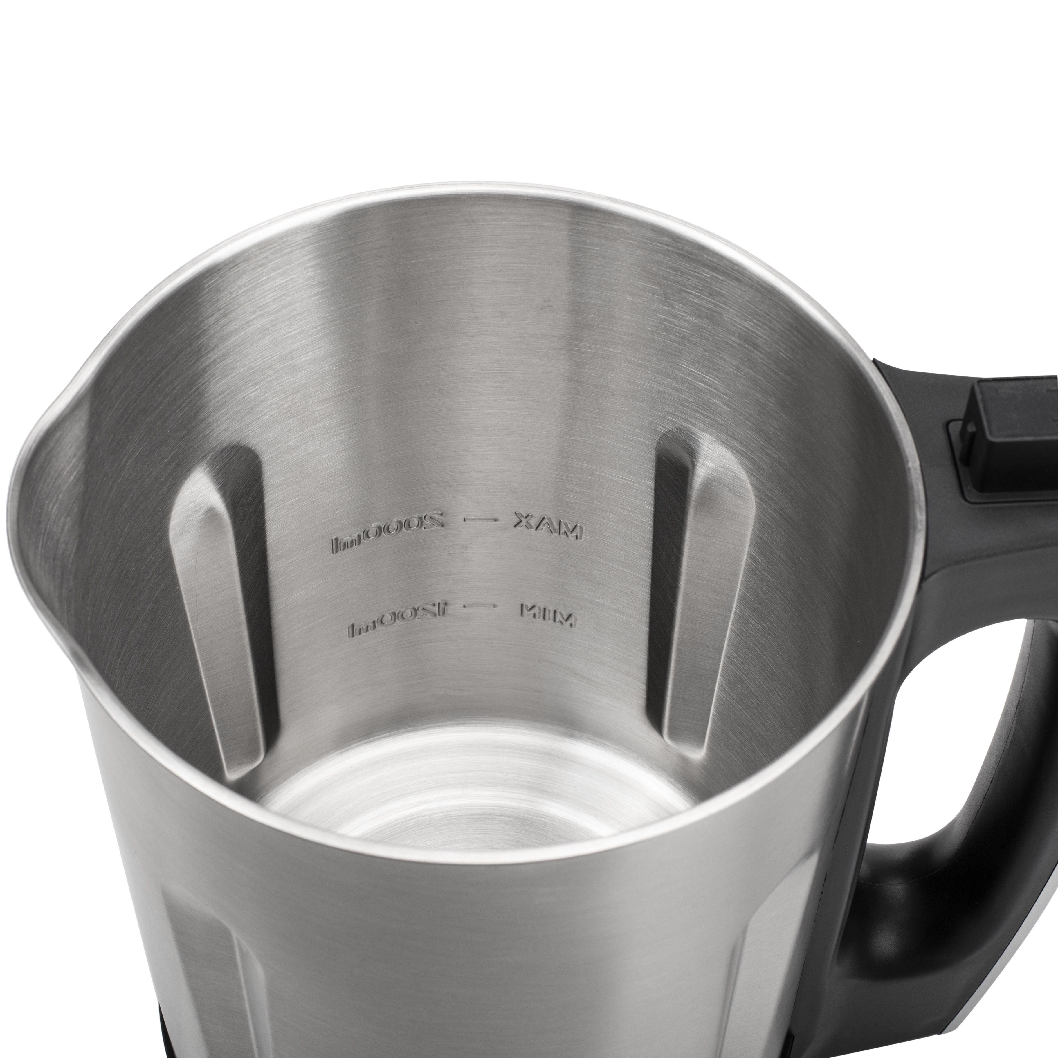Interno in acciaio inox di un frullatore, con indicatori di livello MAX e MIN.