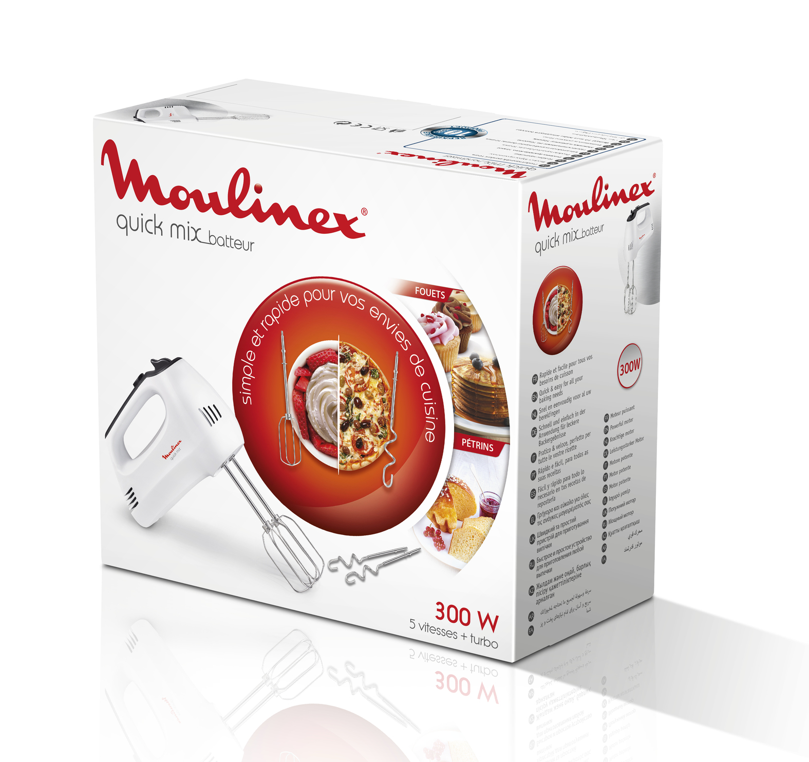 Eine weiße und rote Moulinex Quick Mix Box mit Handmixer, Essensbildern und Text.