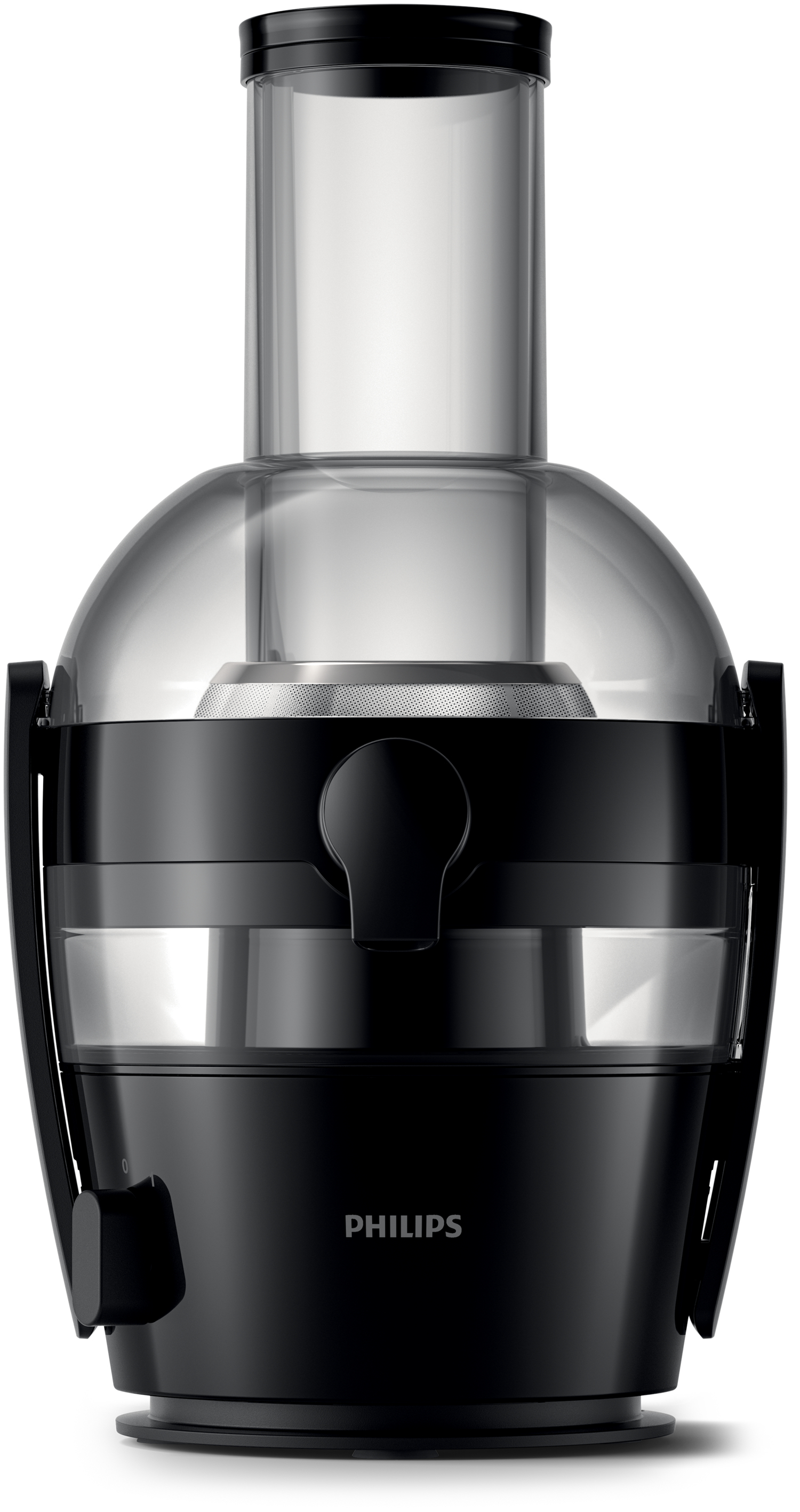 Una exprimidora Philips, en su mayoría negra con una sección superior transparente, que muestra las partes de exprimido y una boquilla.