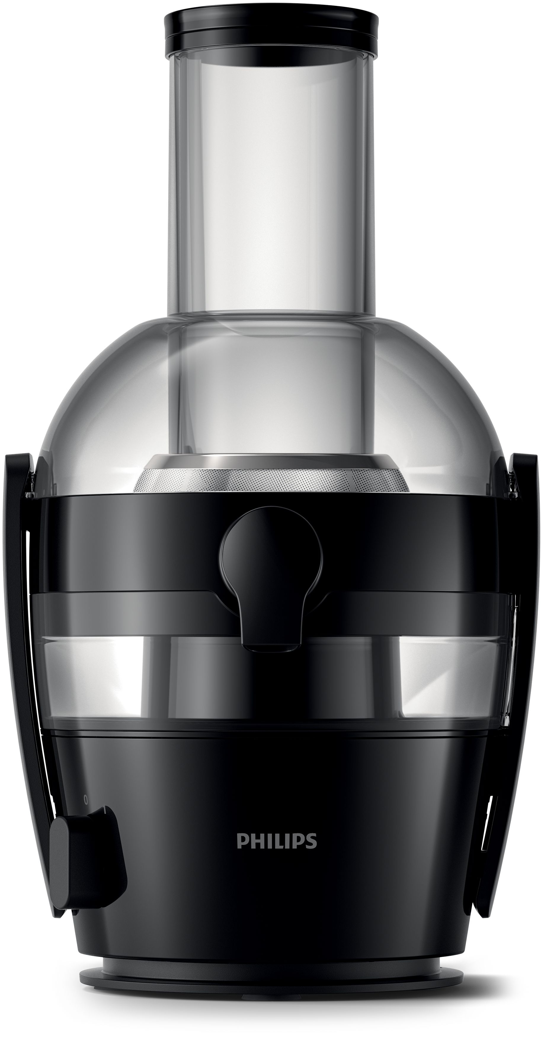 Una licuadora Philips negra y transparente, con una sección superior transparente y base negra.