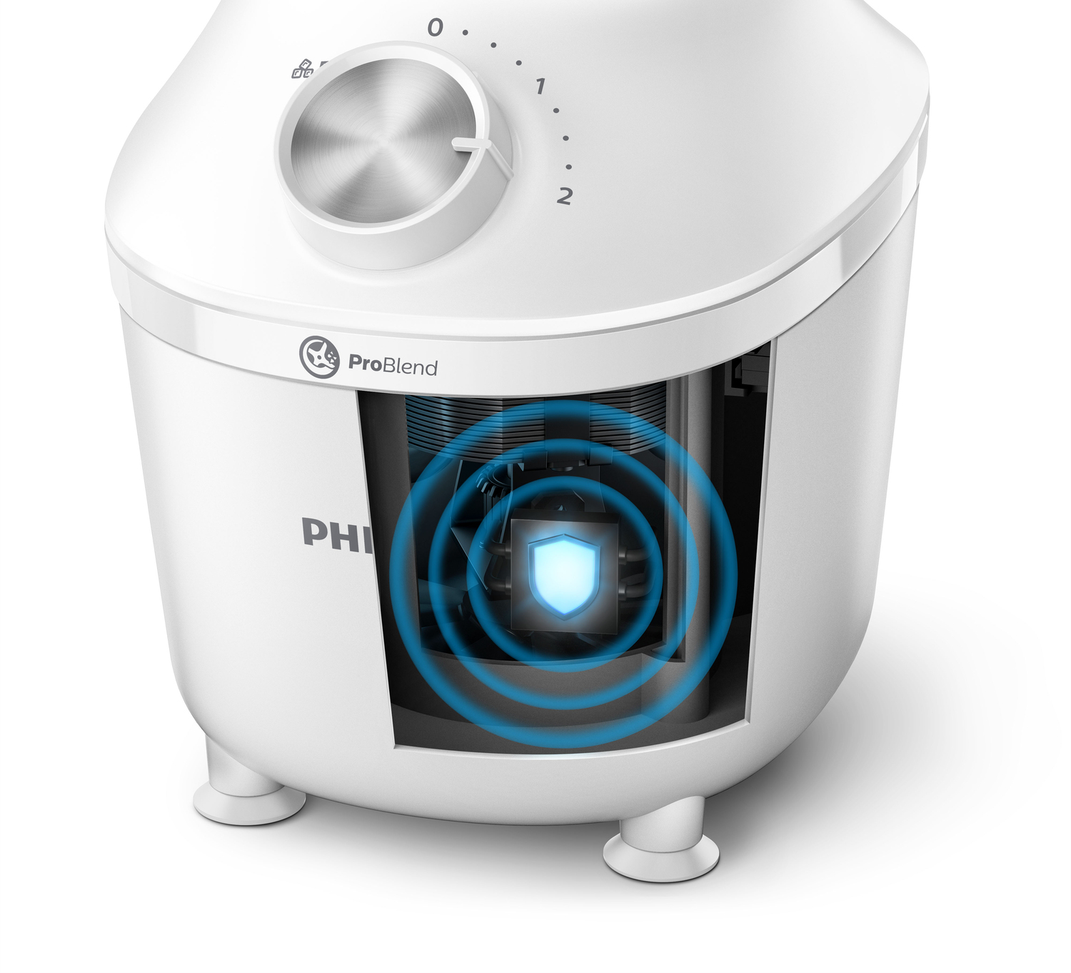 Biała podstawa blendera z pokrętłem sterowania i logo ProBlend, prezentująca elementy wewnętrzne.
