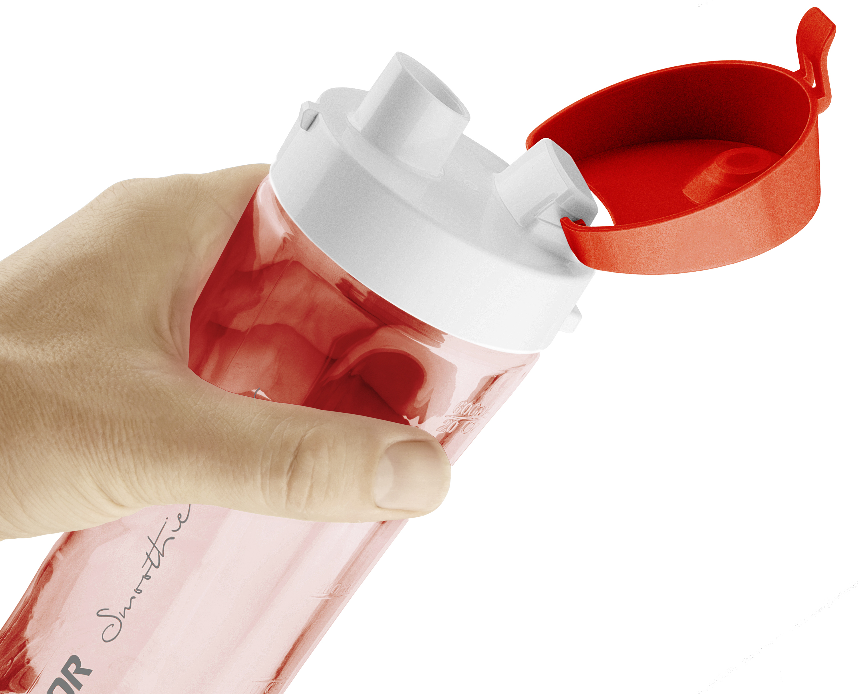 Dłoń trzymająca czerwono-biały shaker do smoothie z otwartą pokrywką.