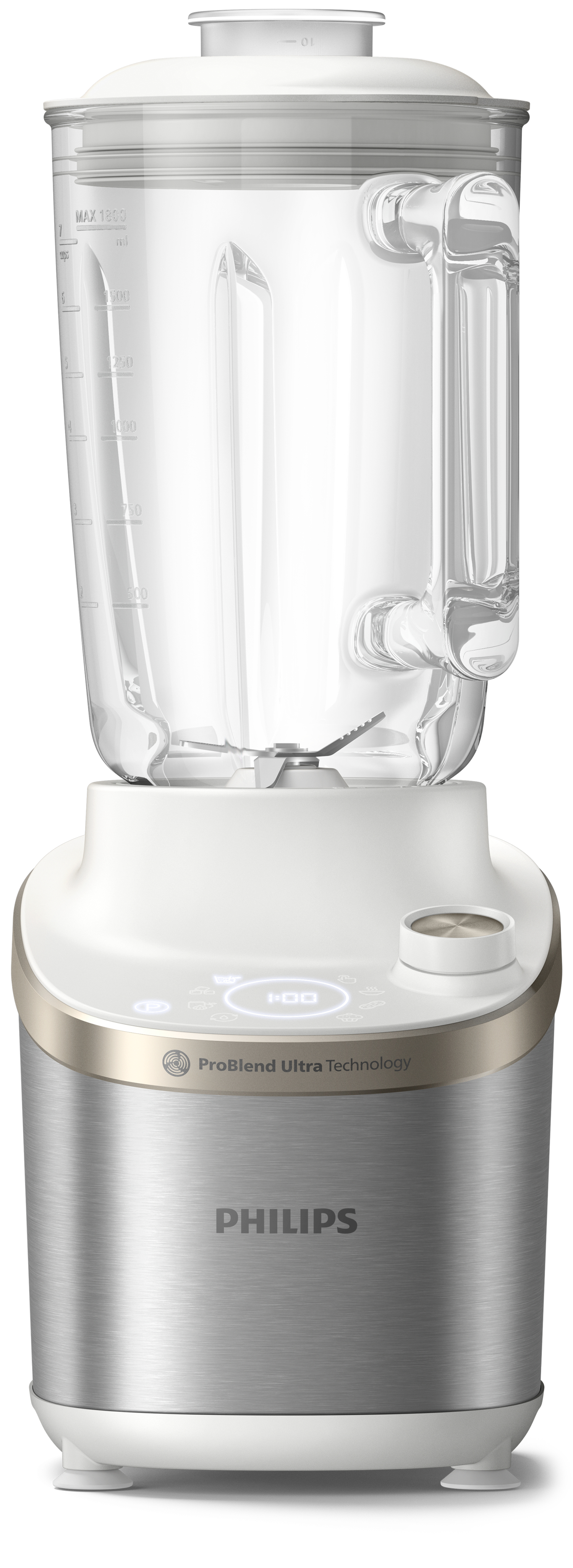Silver and white Philips blender. Clear container, white lid. ProBlend Ultra Technology, digital display.