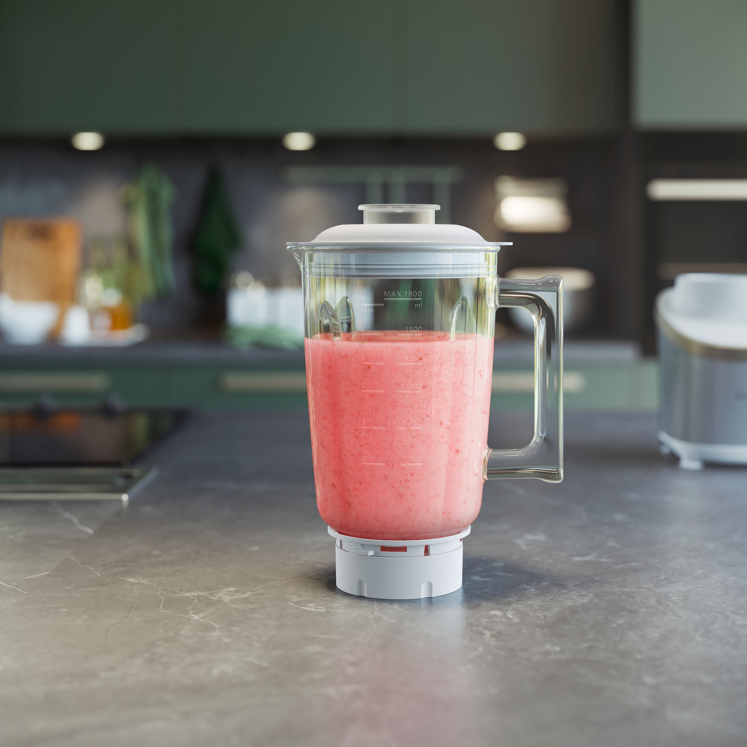 A blender with pink smoothie is on a kitchen counter.