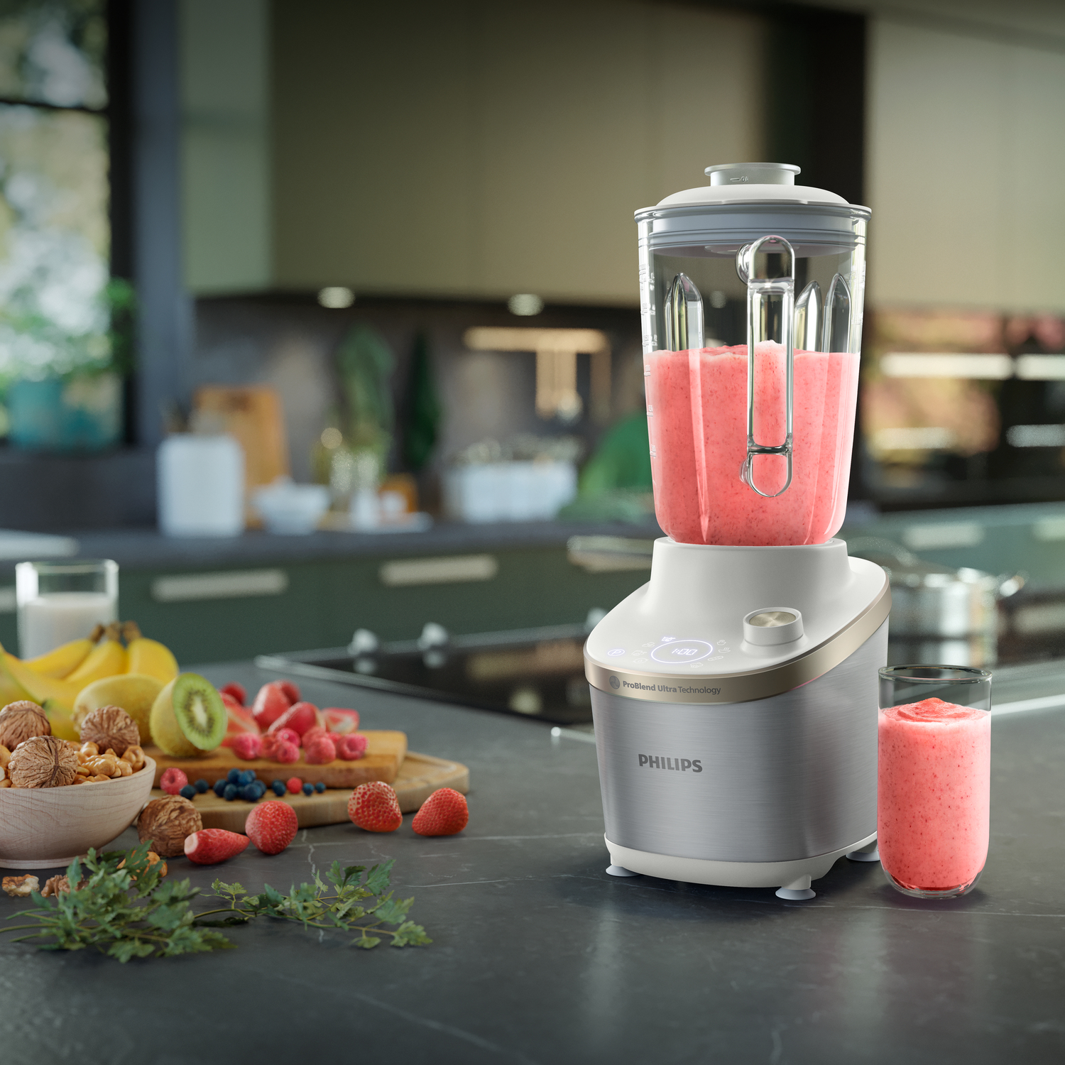 A blender with pink smoothie, a glass of smoothie, and fruits on a table in a kitchen scene.