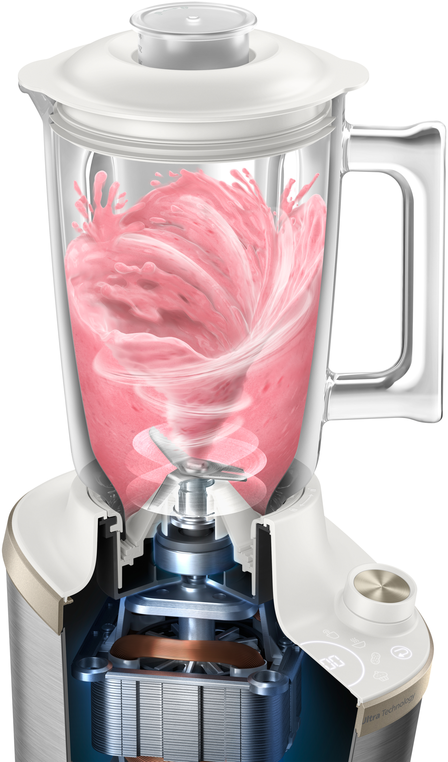 A blender with a cross-section view, showing pink liquid swirling inside, and mechanical parts.