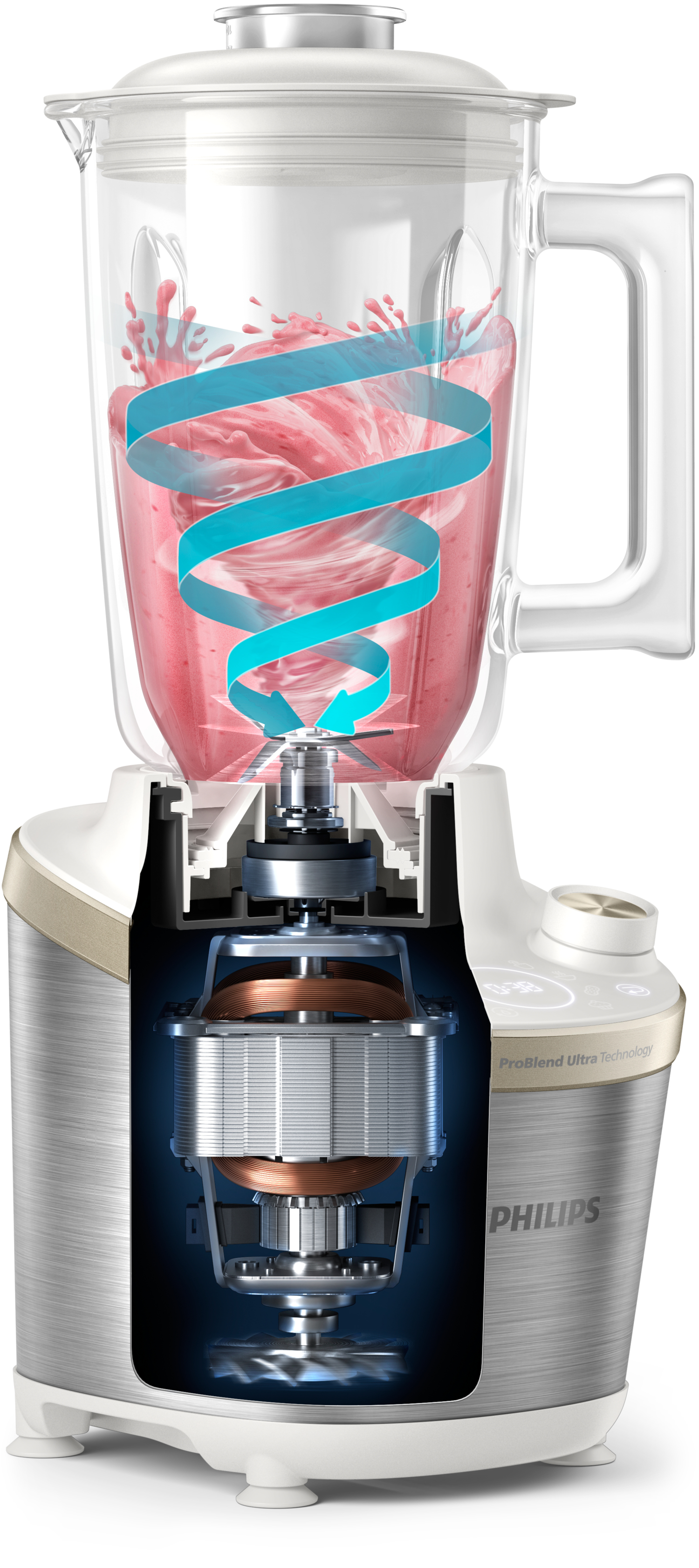 Blender cutaway view, showing the mechanism with red liquid swirling inside. Blue spiral.