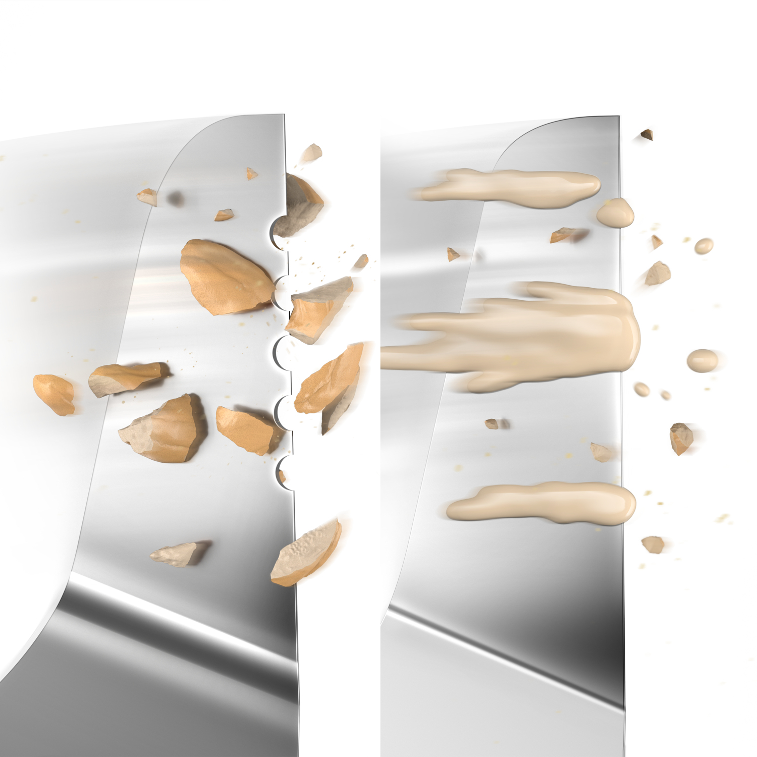 Knife cutting into bread, with crumbs and a creamy substance on the blade.