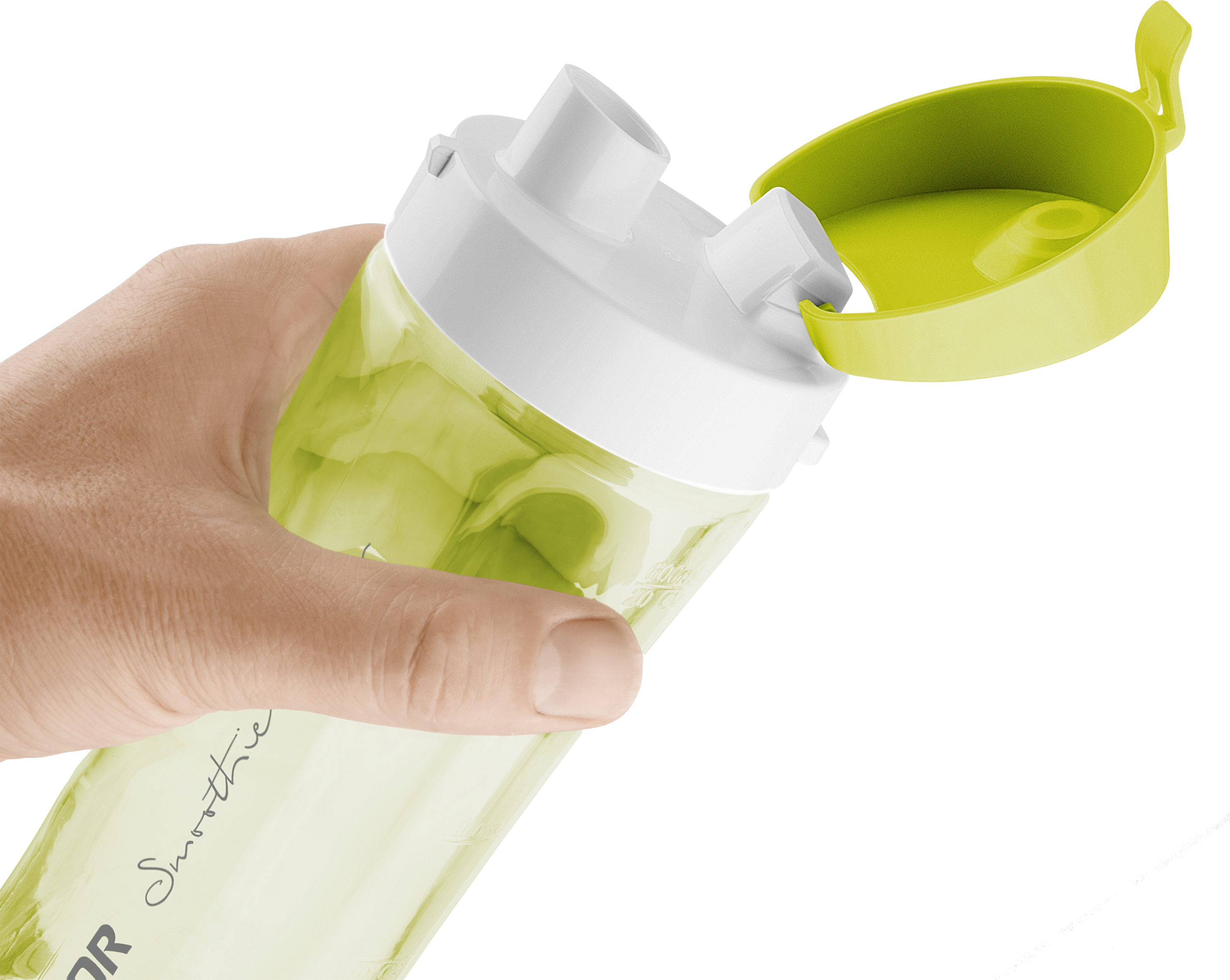 Una mano tiene in mano un bicchiere di frullato con un coperchio verde. La tazza contiene un liquido verde.