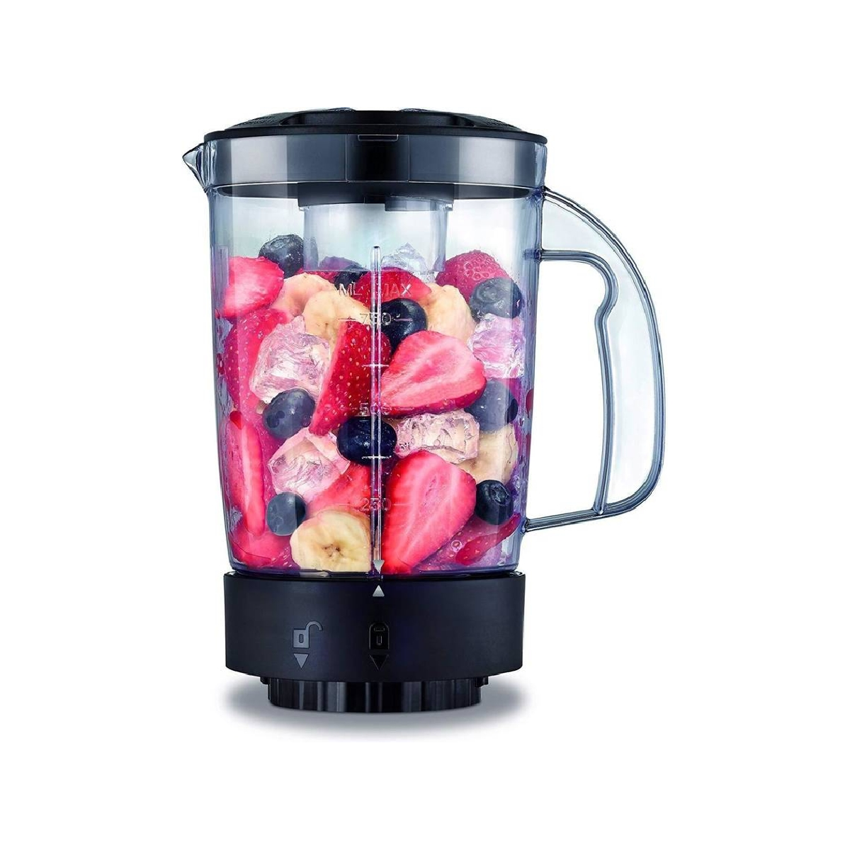 Frullatore pieno di frutta e ghiaccio, con base e manico neri.
