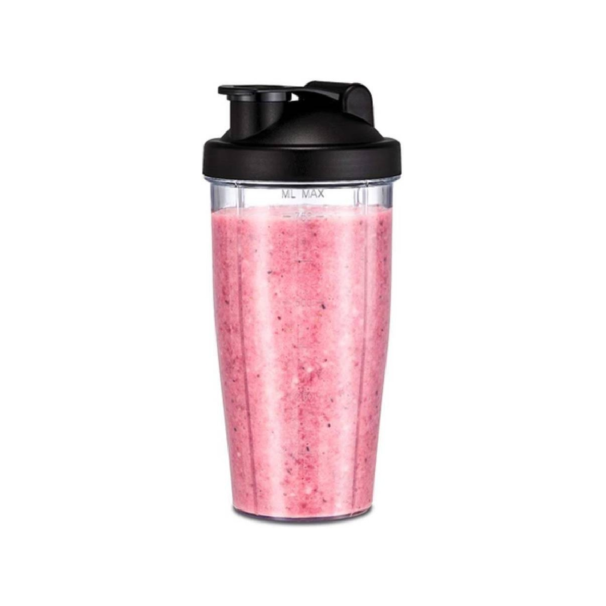 Un bicchiere di frullatore trasparente con frullato rosa e coperchio nero.