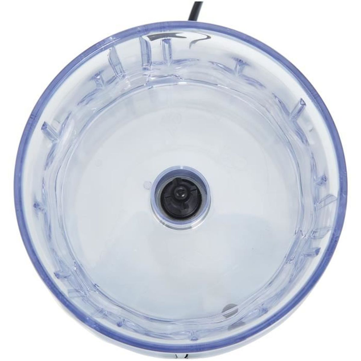 Vista dall'alto di un contenitore per frullatore in plastica trasparente con base blu, vuoto.