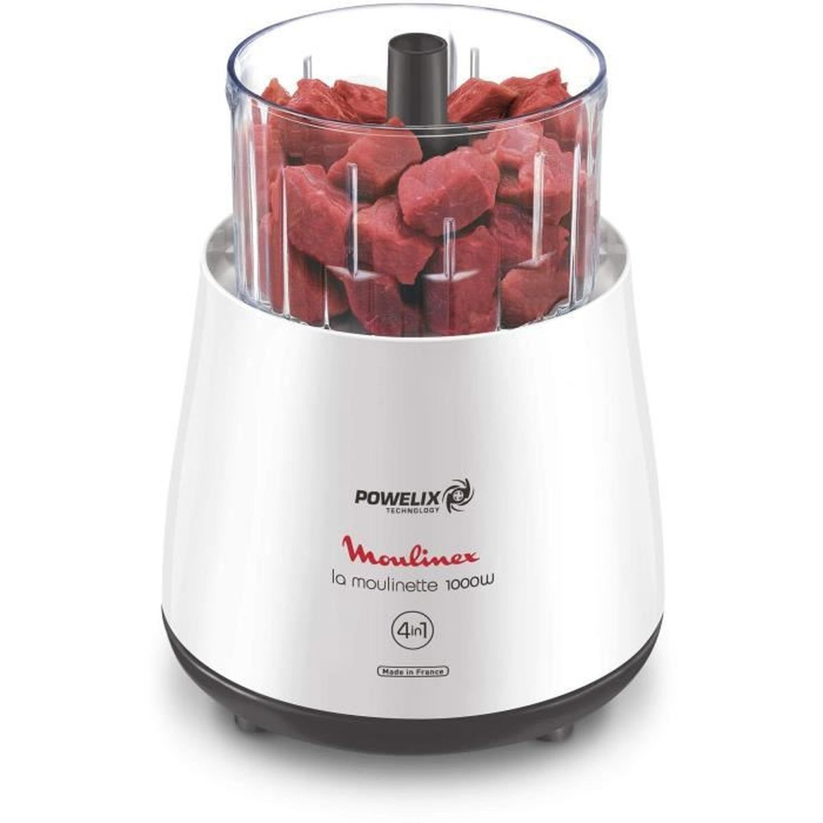 Un tritatutto bianco con carne rossa all'interno e le parole 'Moulinex' e '4 in 1'.