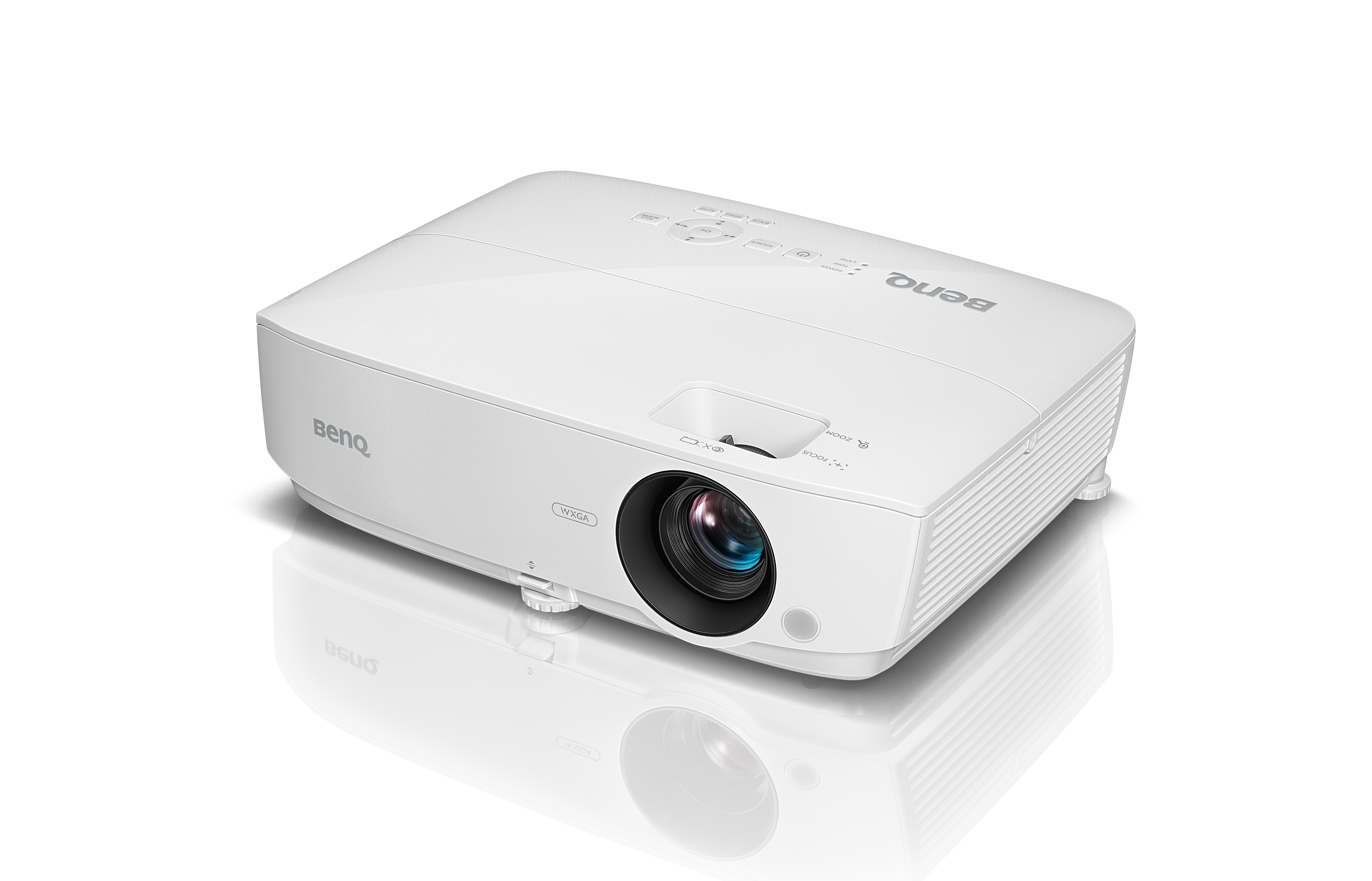 Proyector BenQ blanco sobre superficie blanca, reflejo visible.