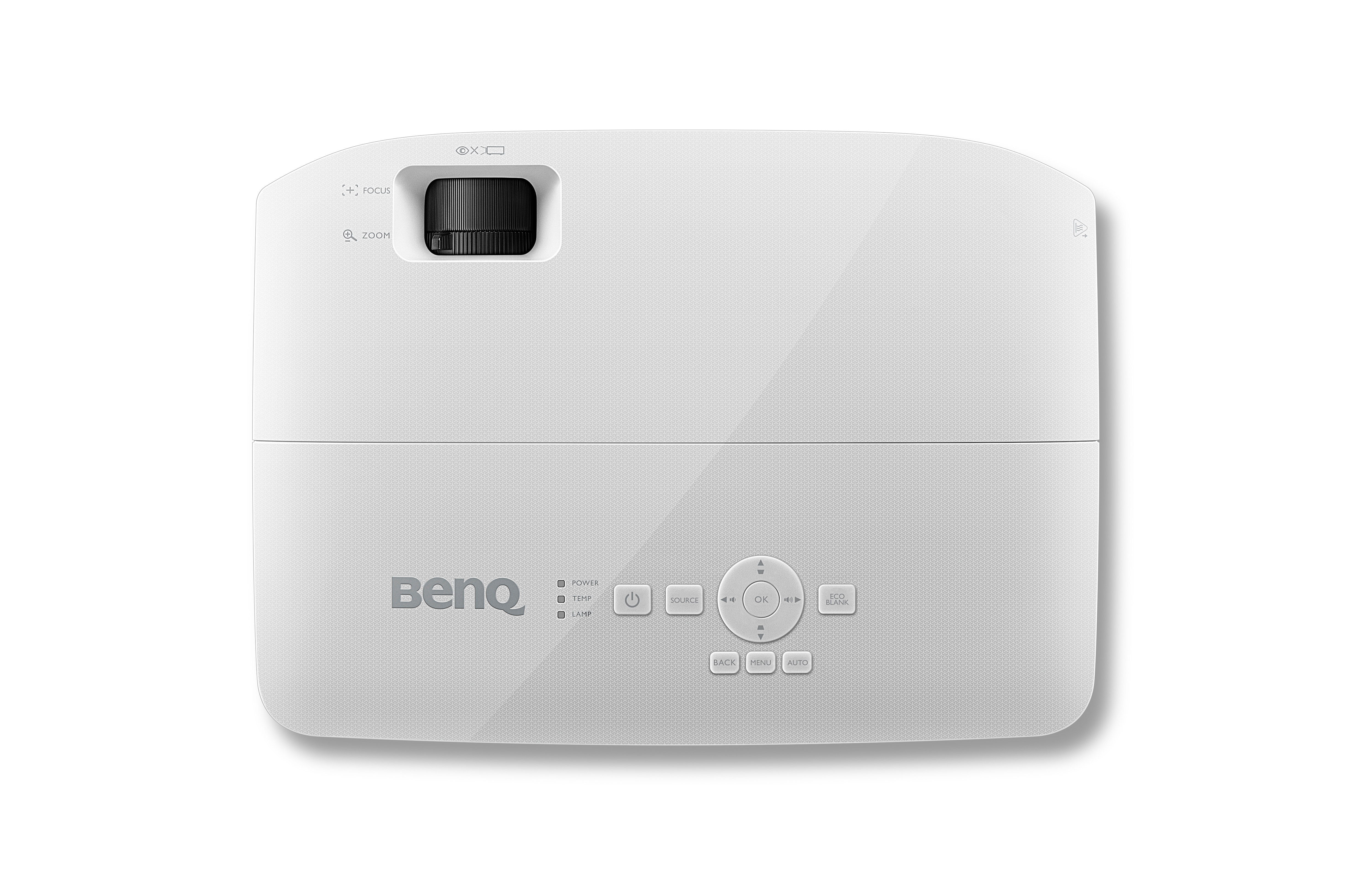 Un proyector blanco con botones, mostrando el logotipo de BenQ, sobre un fondo blanco.