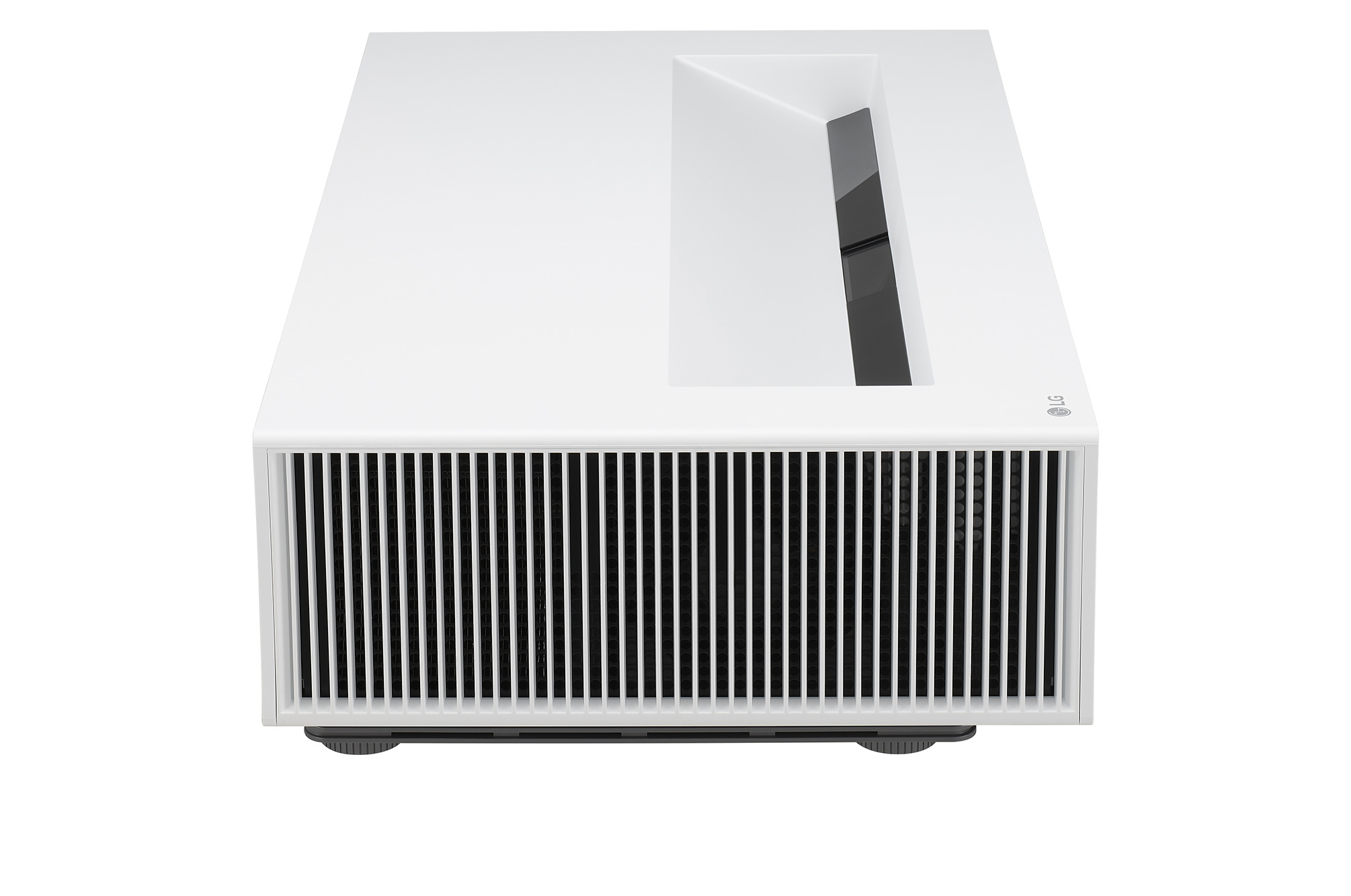 Proyector LG blanco con ventilación negra. Se muestra su parte superior. Aislado sobre fondo blanco.