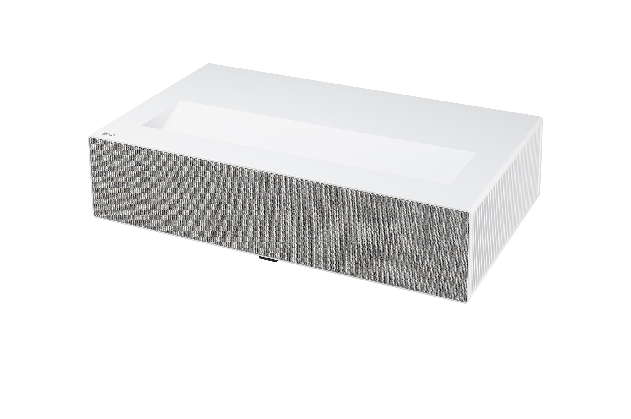 Proyector LG blanco con frontal de tela gris. Forma rectangular. Fondo blanco.