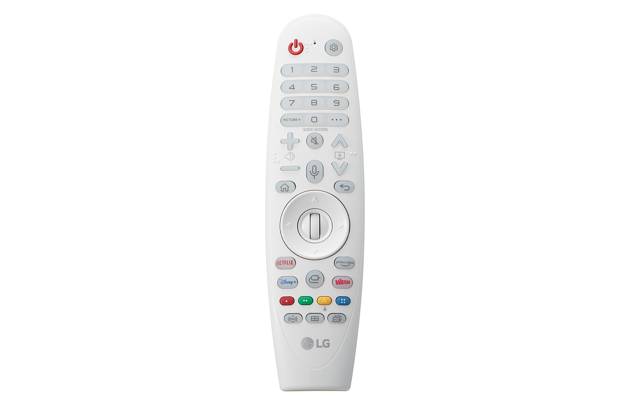 Mando a distancia blanco de LG con múltiples botones, incluidos Netflix y Disney+.